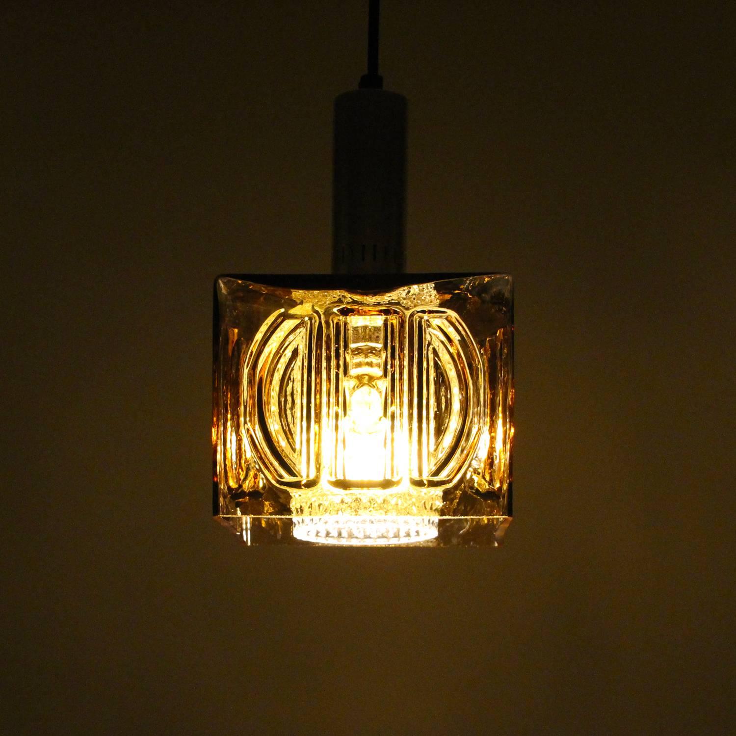 Polished Square Amber Pendant Light, 1970s, Vintage Double Crystal Glass Ceiling Lamp For Sale