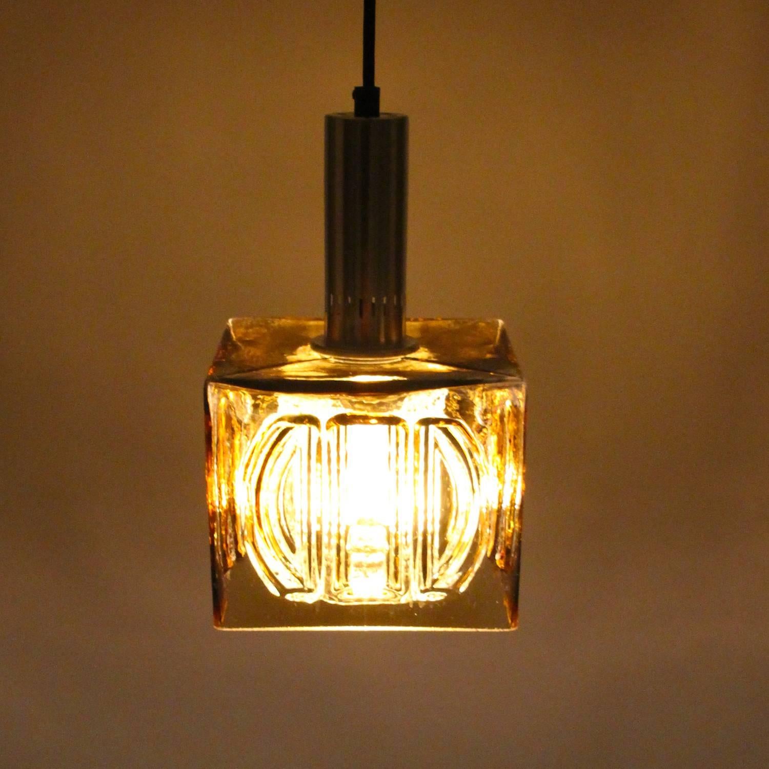 Late 20th Century Square Amber Pendant Light, 1970s, Vintage Double Crystal Glass Ceiling Lamp For Sale