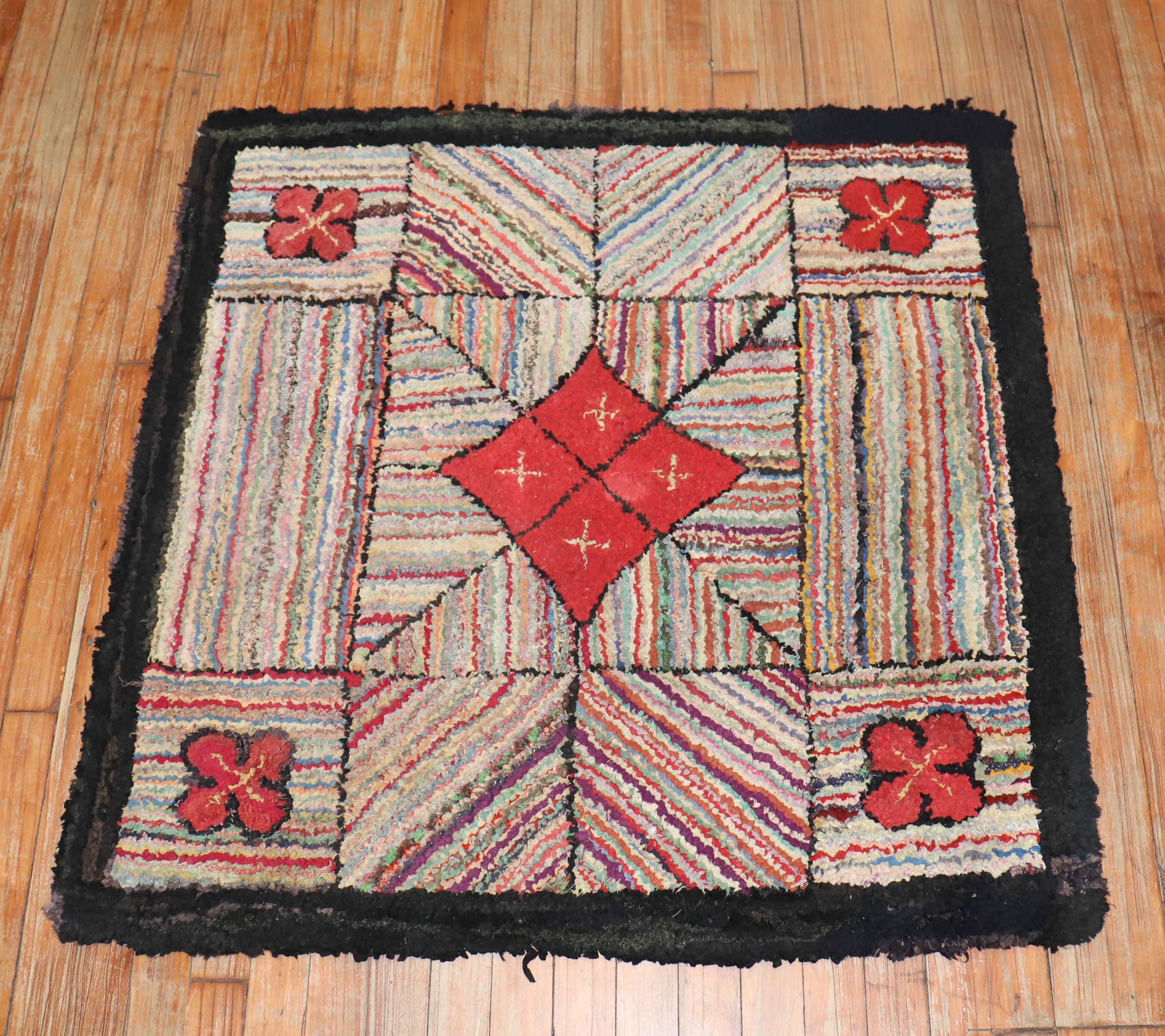 Wool Square American Hooked Scatter Rug For Sale