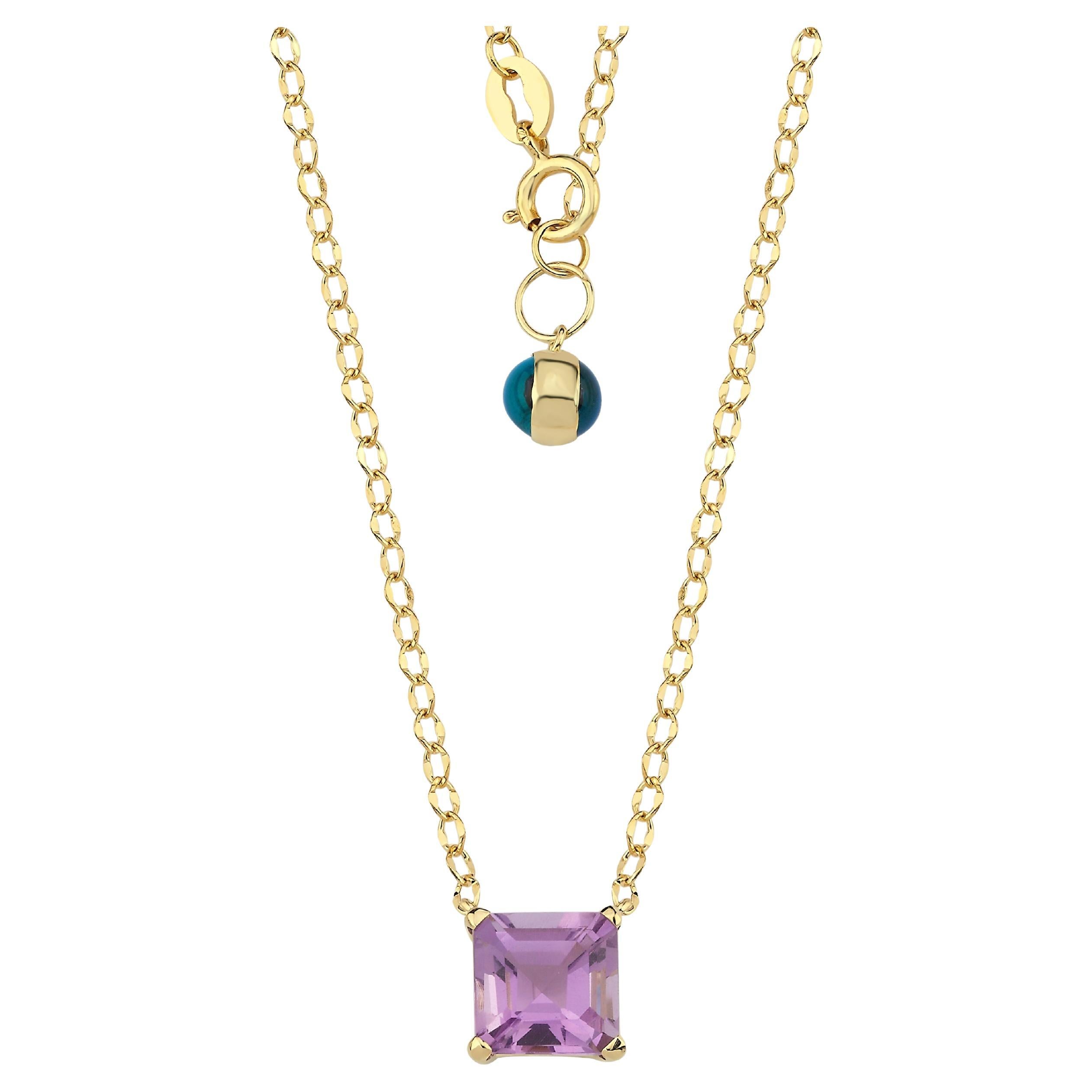 14k Gold Square Amethyst Solitaire Chain Necklace For Sale