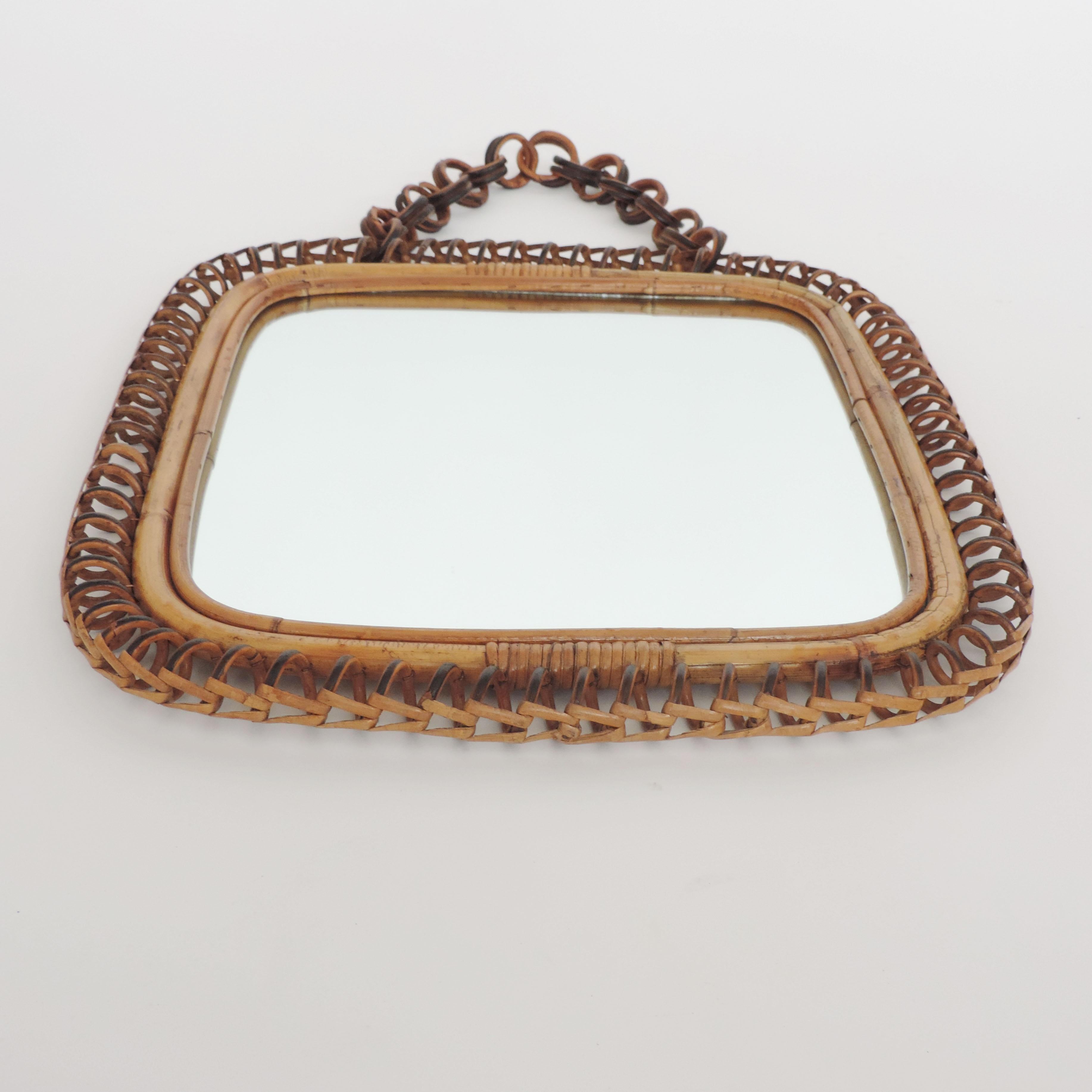 Mid-Century Modern Square and Undulating Wicker and Bamboo Wall Mirror, Italy, 1950s