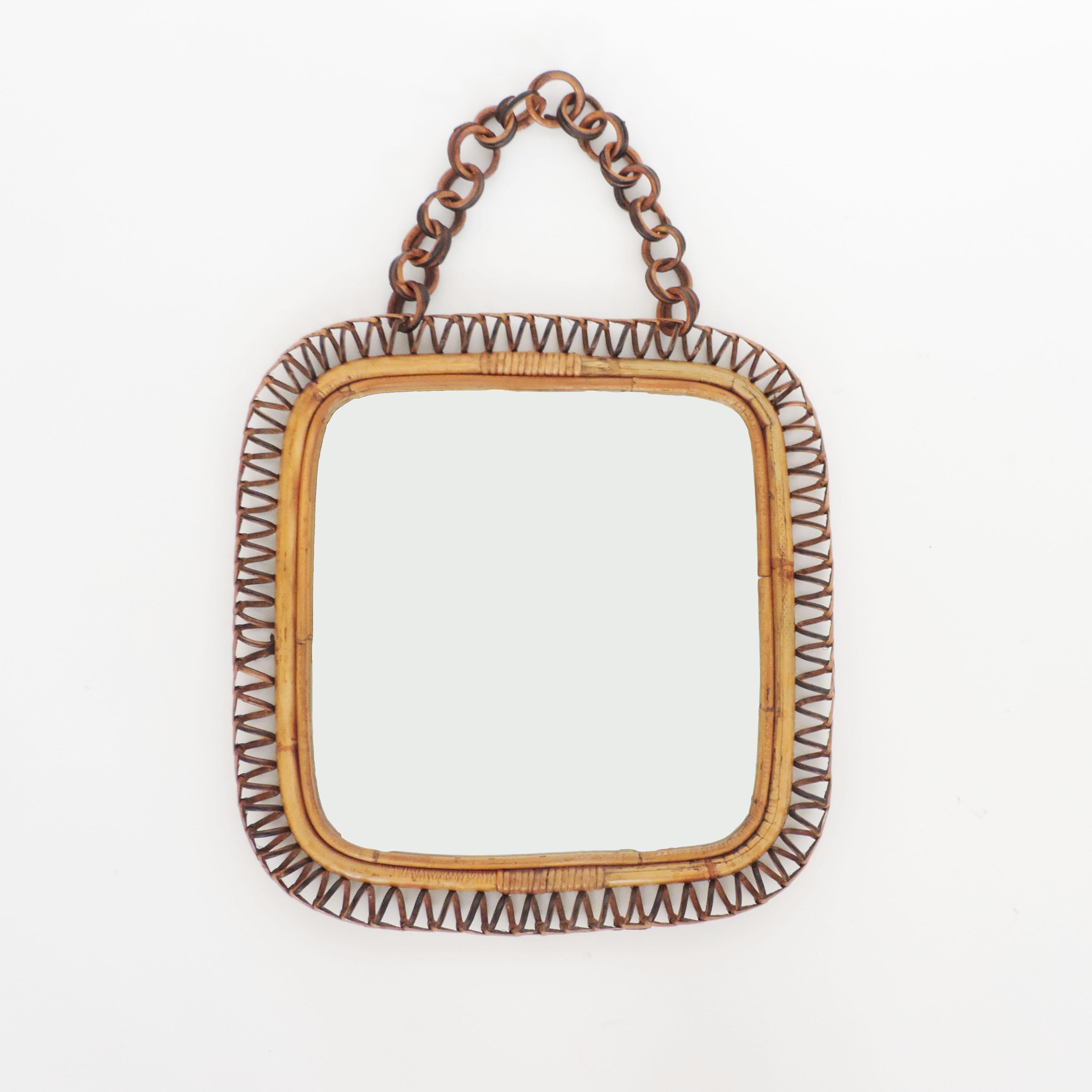 Mid-20th Century Square and Undulating Wicker and Bamboo Wall Mirror, Italy, 1950s