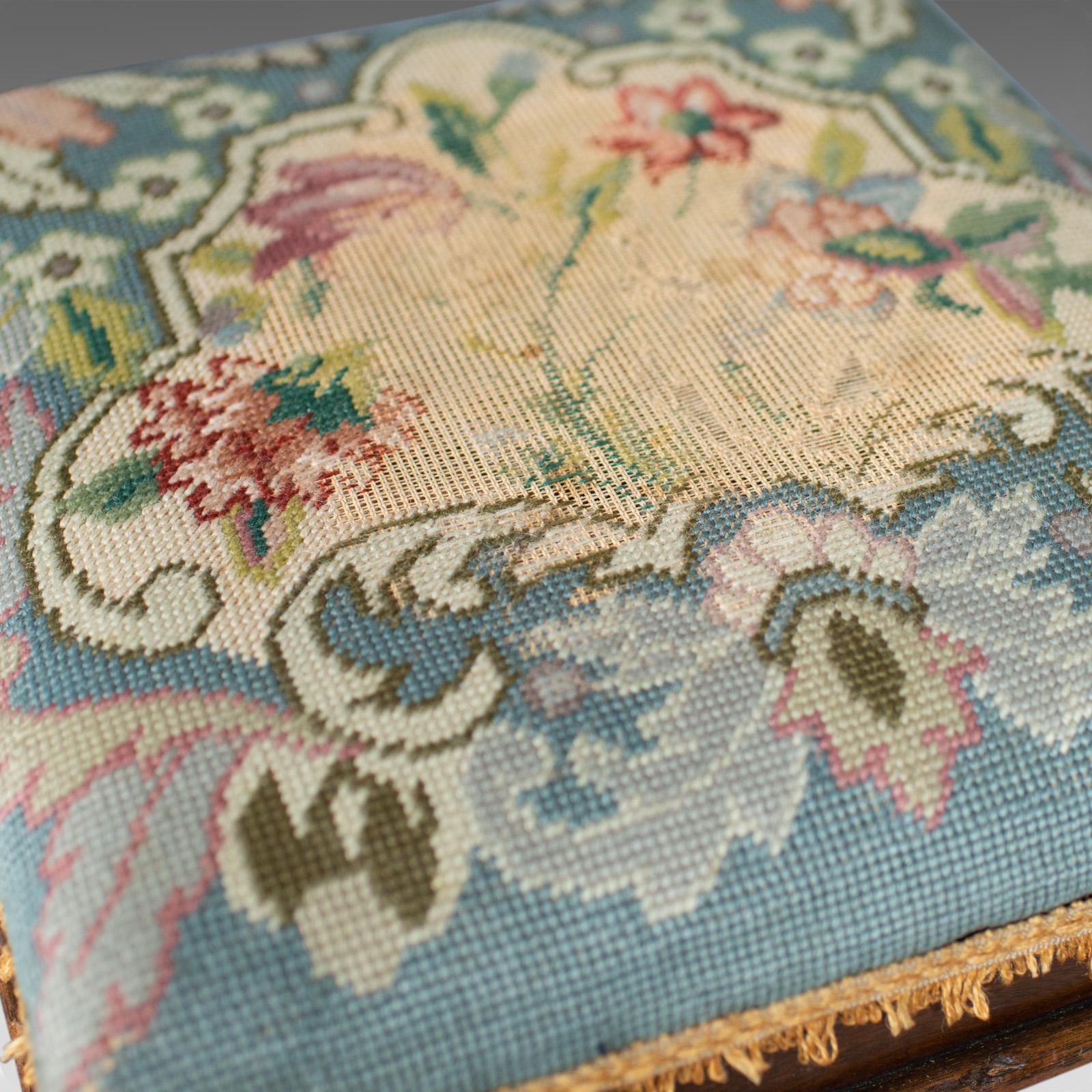 19th Century Square Antique Footstool, English, Victorian, Needlepoint, Carriage, circa 1890