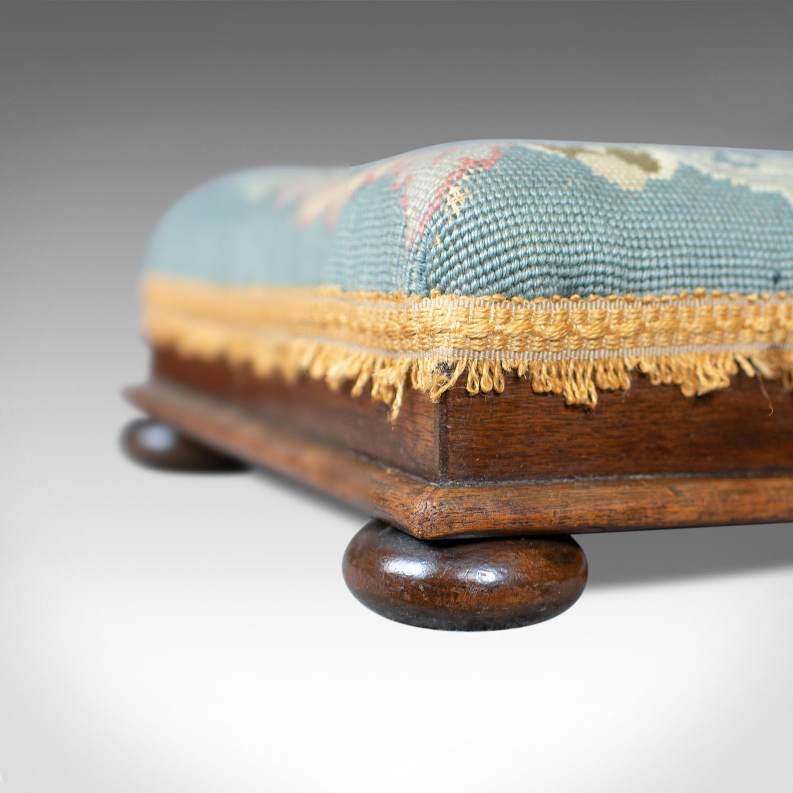 Walnut Square Antique Footstool, English, Victorian, Needlepoint, Carriage, circa 1890
