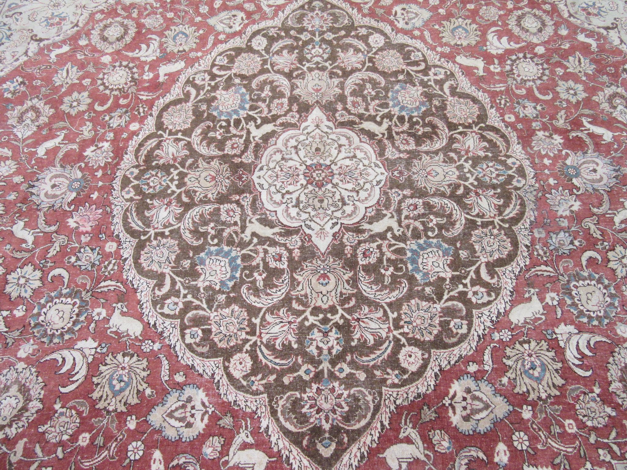 Hand-Knotted Square Antique Hand Knotted Wool Persian Tabriz Rug For Sale