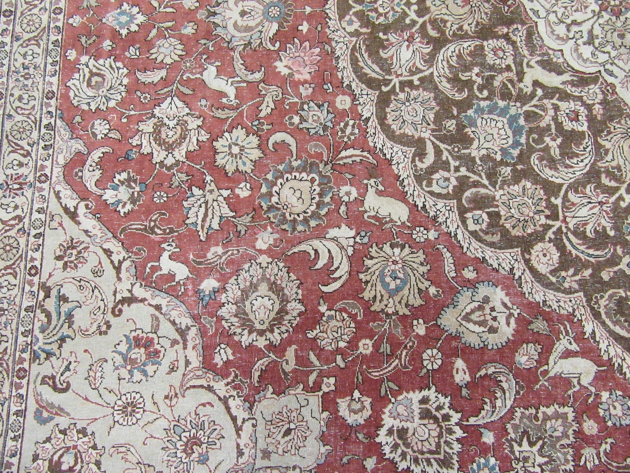 Square Antique Hand Knotted Wool Persian Tabriz Rug In Good Condition For Sale In Atlanta, GA