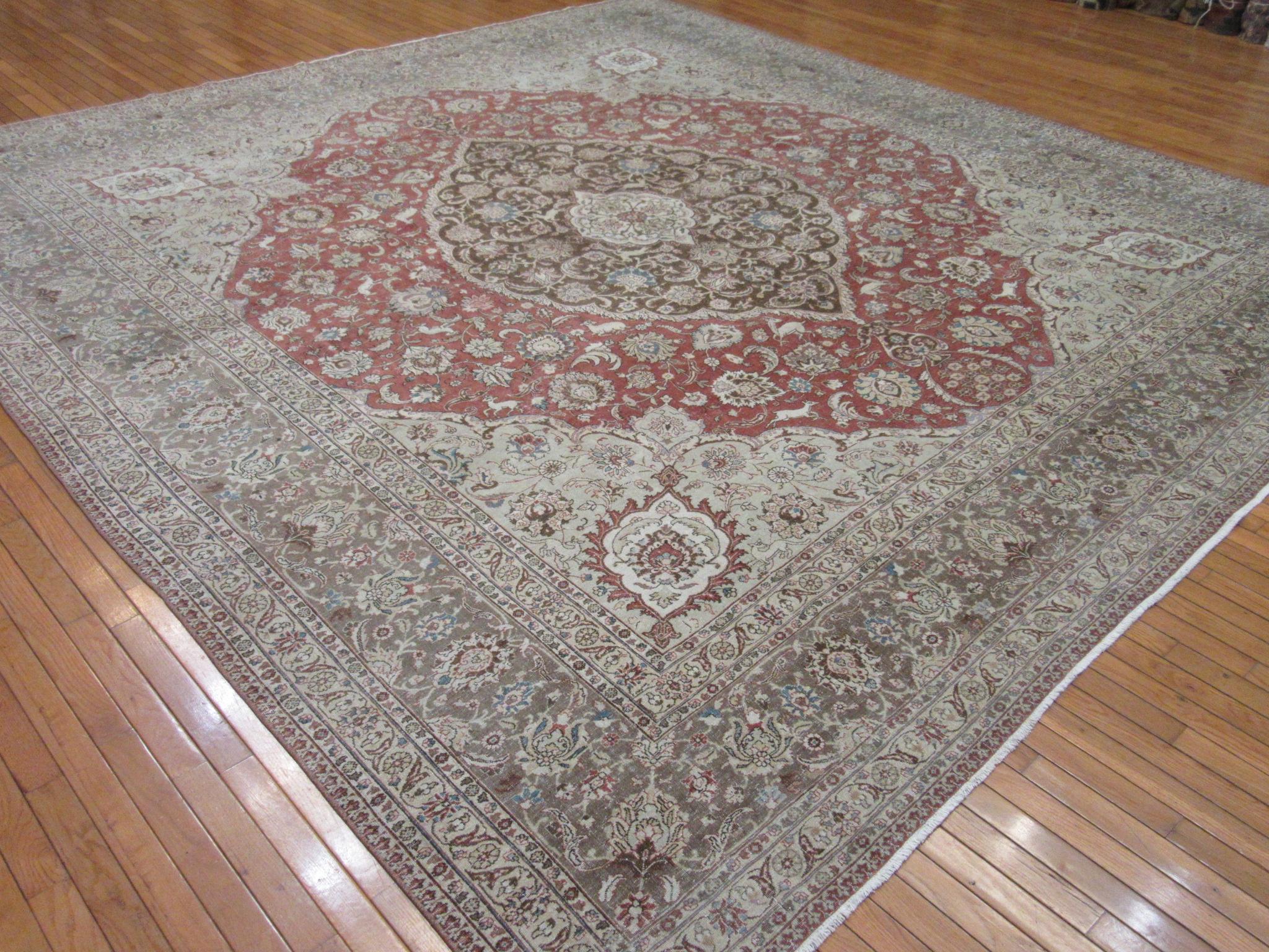Square Antique Hand Knotted Wool Persian Tabriz Rug For Sale 4