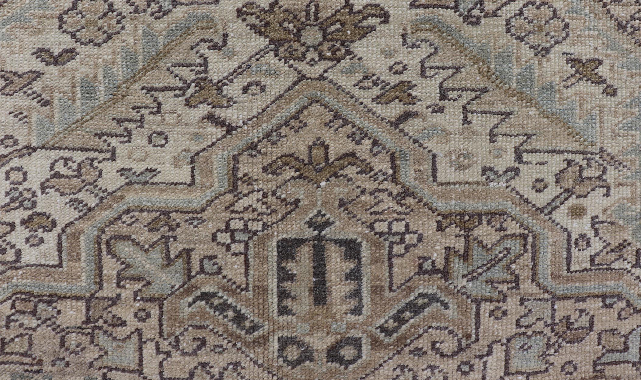 Square Antique Heriz Rug with Geometric Design in Brown, Blue, Tan, Cream For Sale 5