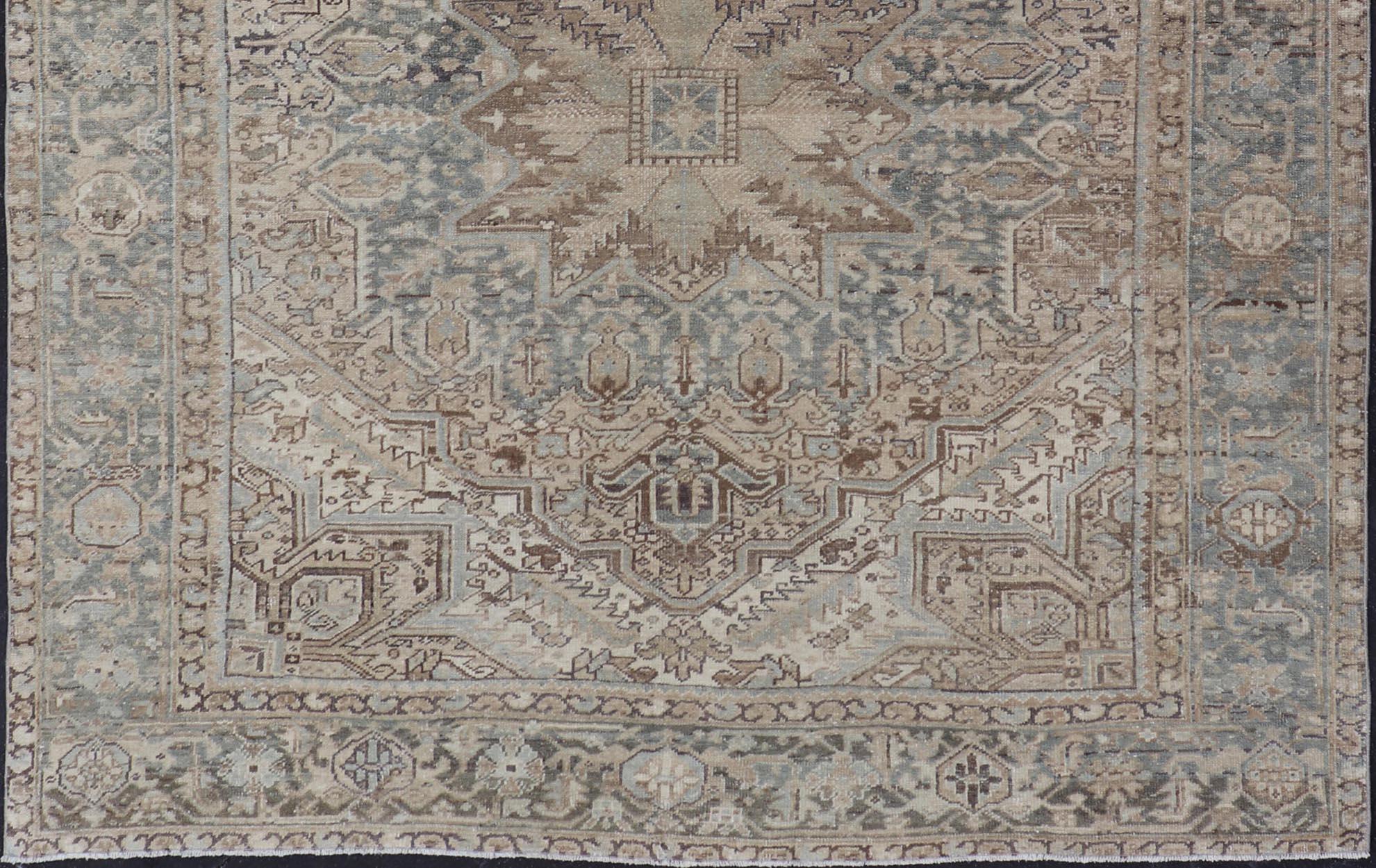 20th Century Square Antique Heriz Rug with Geometric Design in Brown, Blue, Tan, Cream For Sale