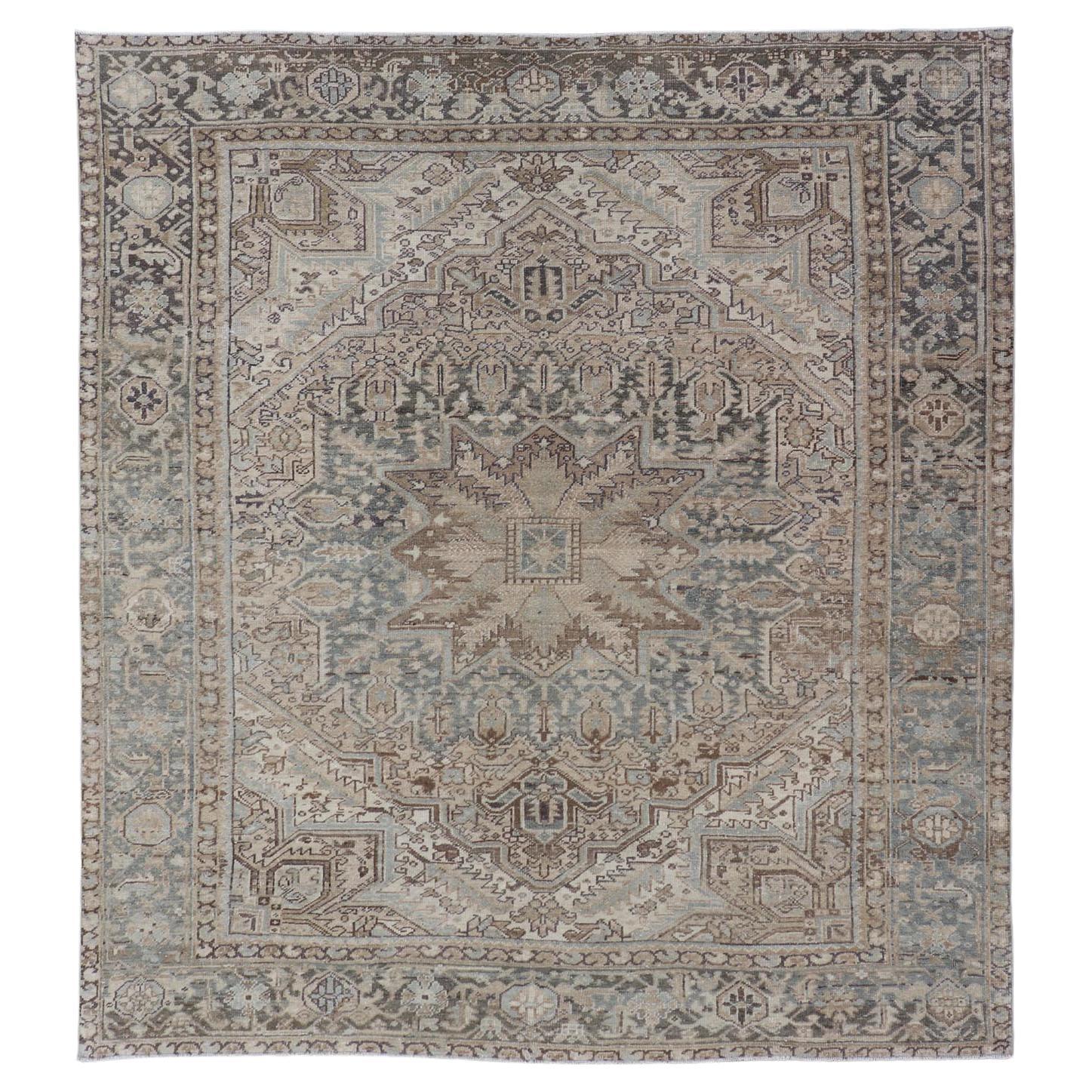 Square Antique Heriz Rug with Geometric Design in Brown, Blue, Tan, Cream