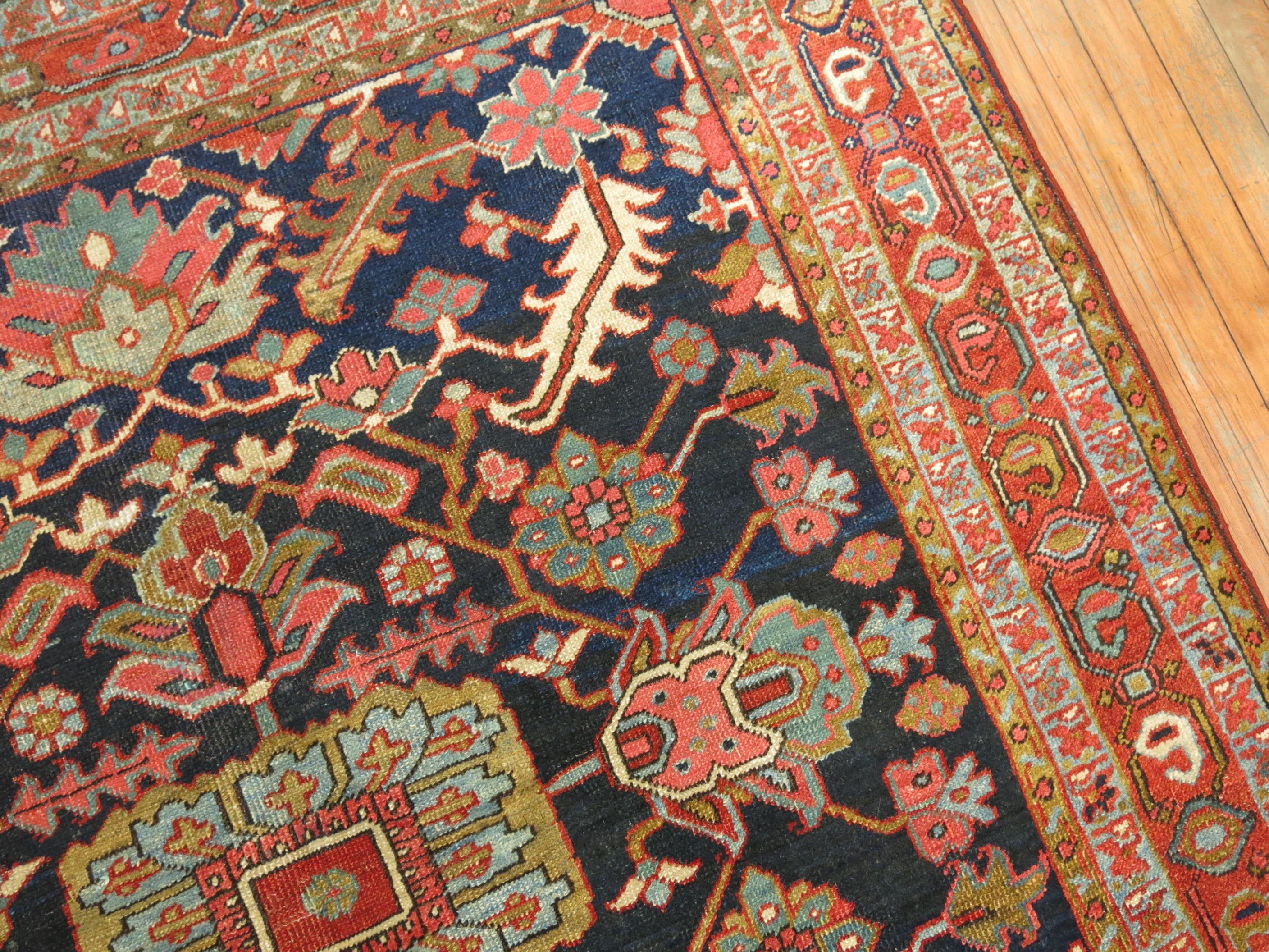 Hand-Woven Square Antique Navy Blue Heriz Rug
