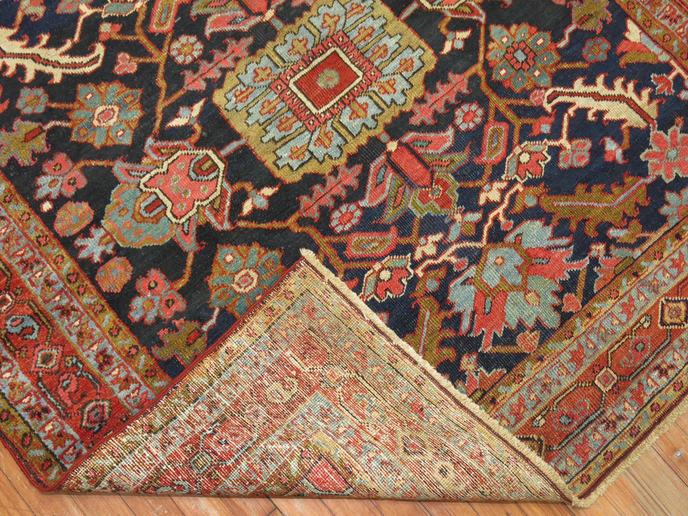 Square Antique Navy Blue Heriz Rug In Excellent Condition In New York, NY