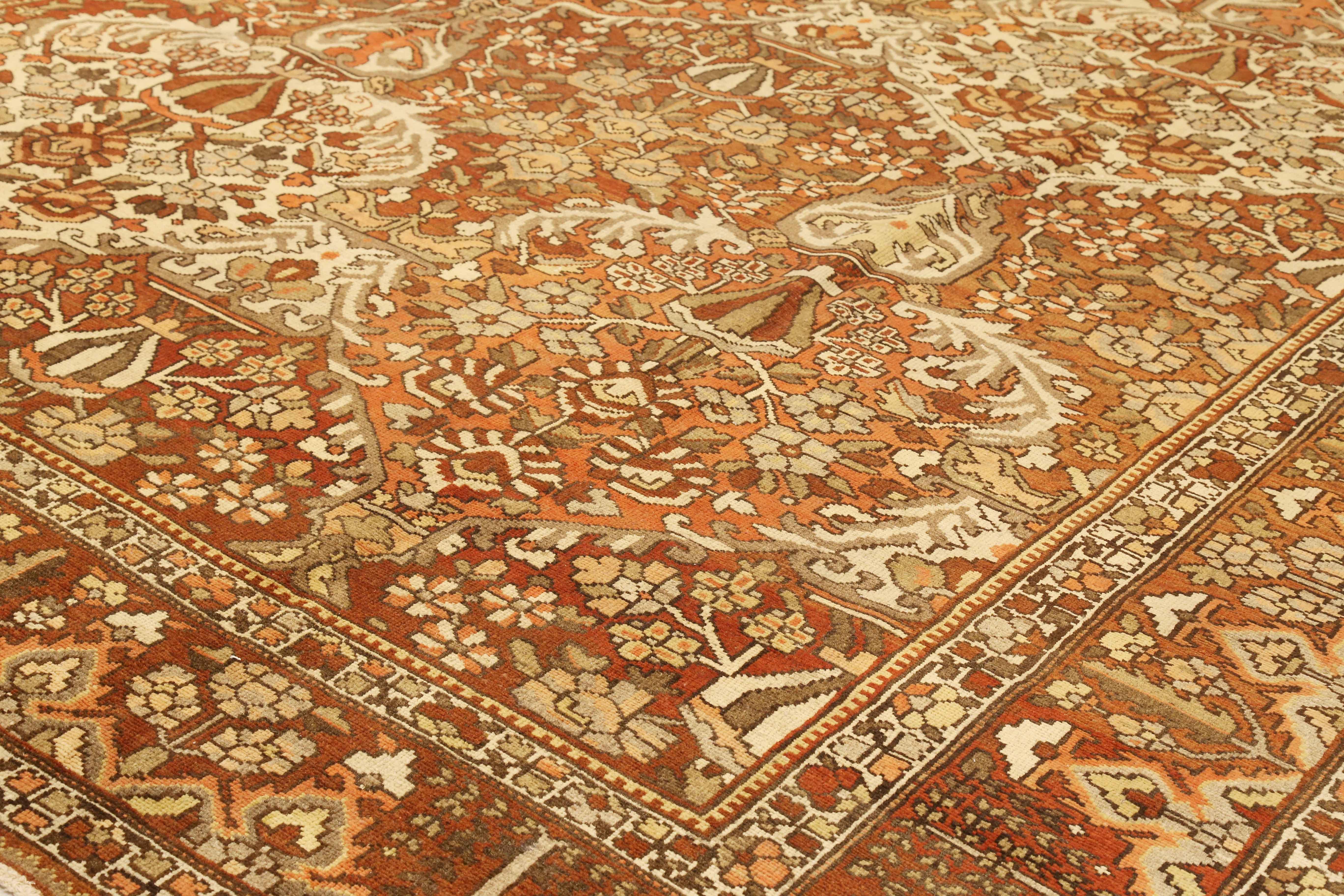 Other Square Antique Persian Bakhtiar Rug with Botanical Details in Brown and White For Sale