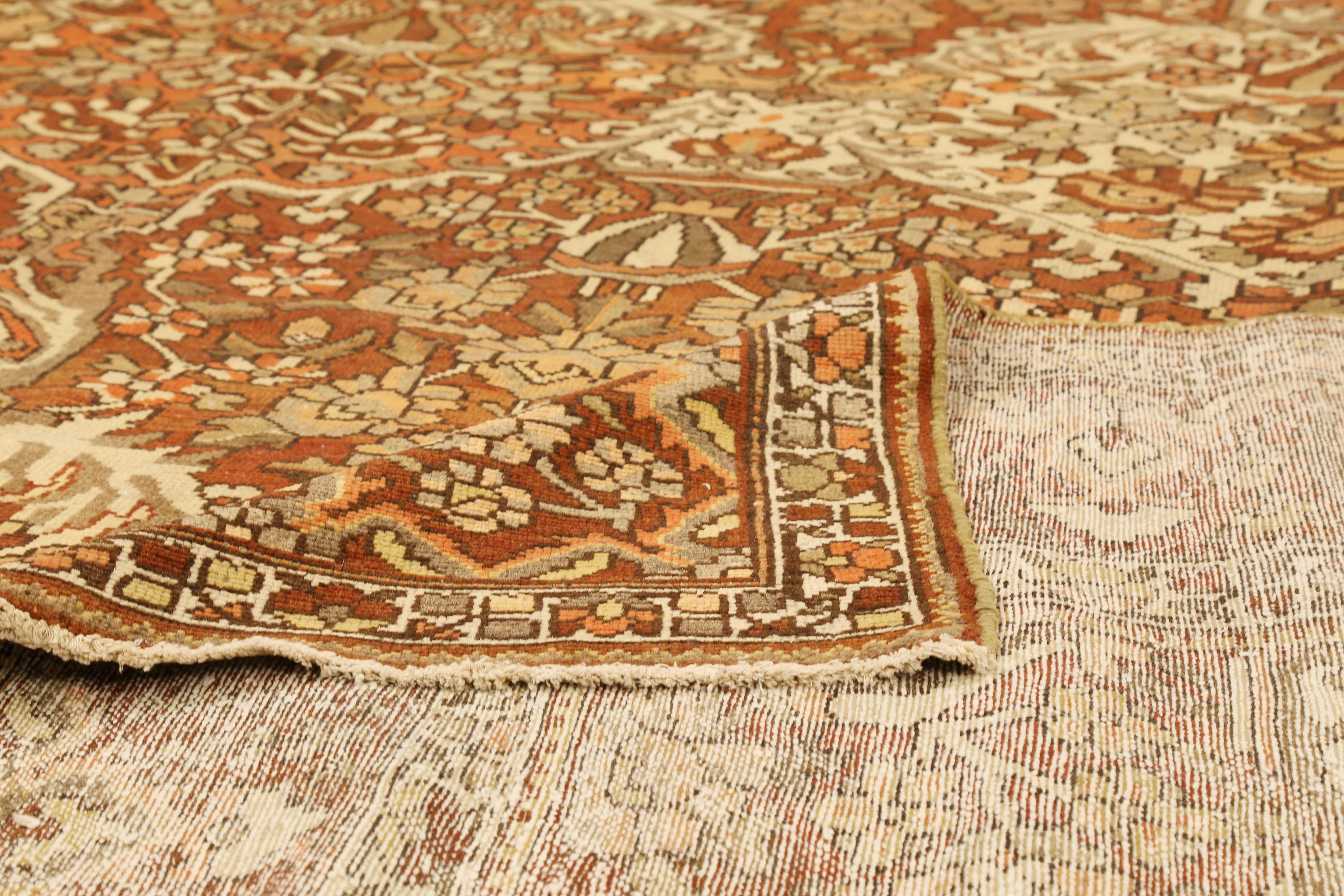 Hand-Woven Square Antique Persian Bakhtiar Rug with Botanical Details in Brown and White For Sale