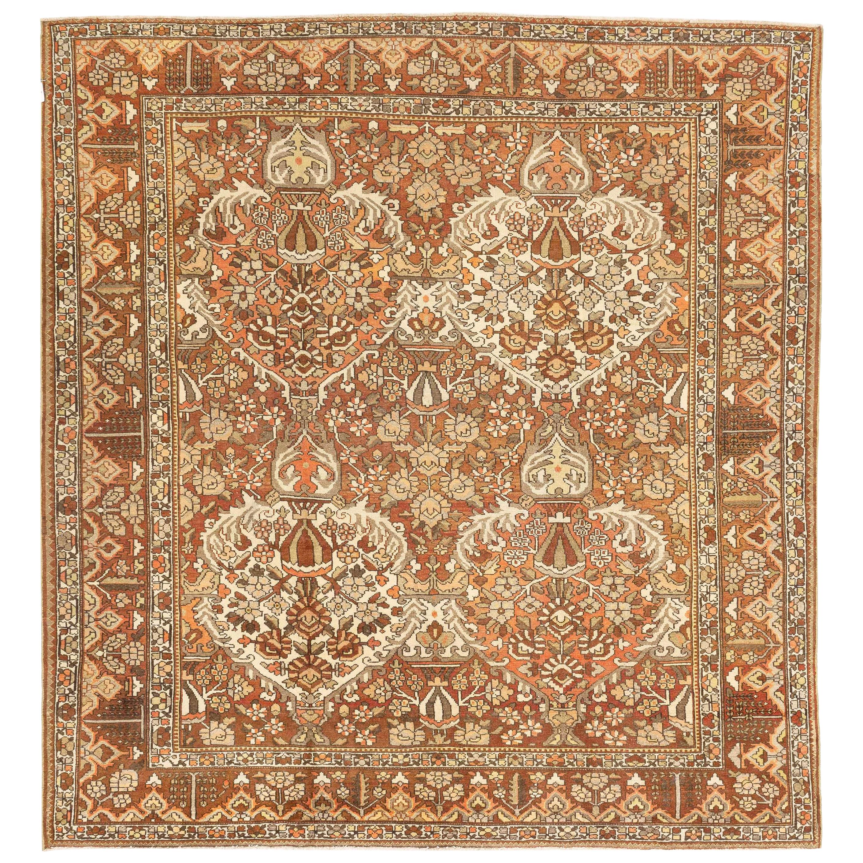 Square Antique Persian Bakhtiar Rug with Botanical Details in Brown and White