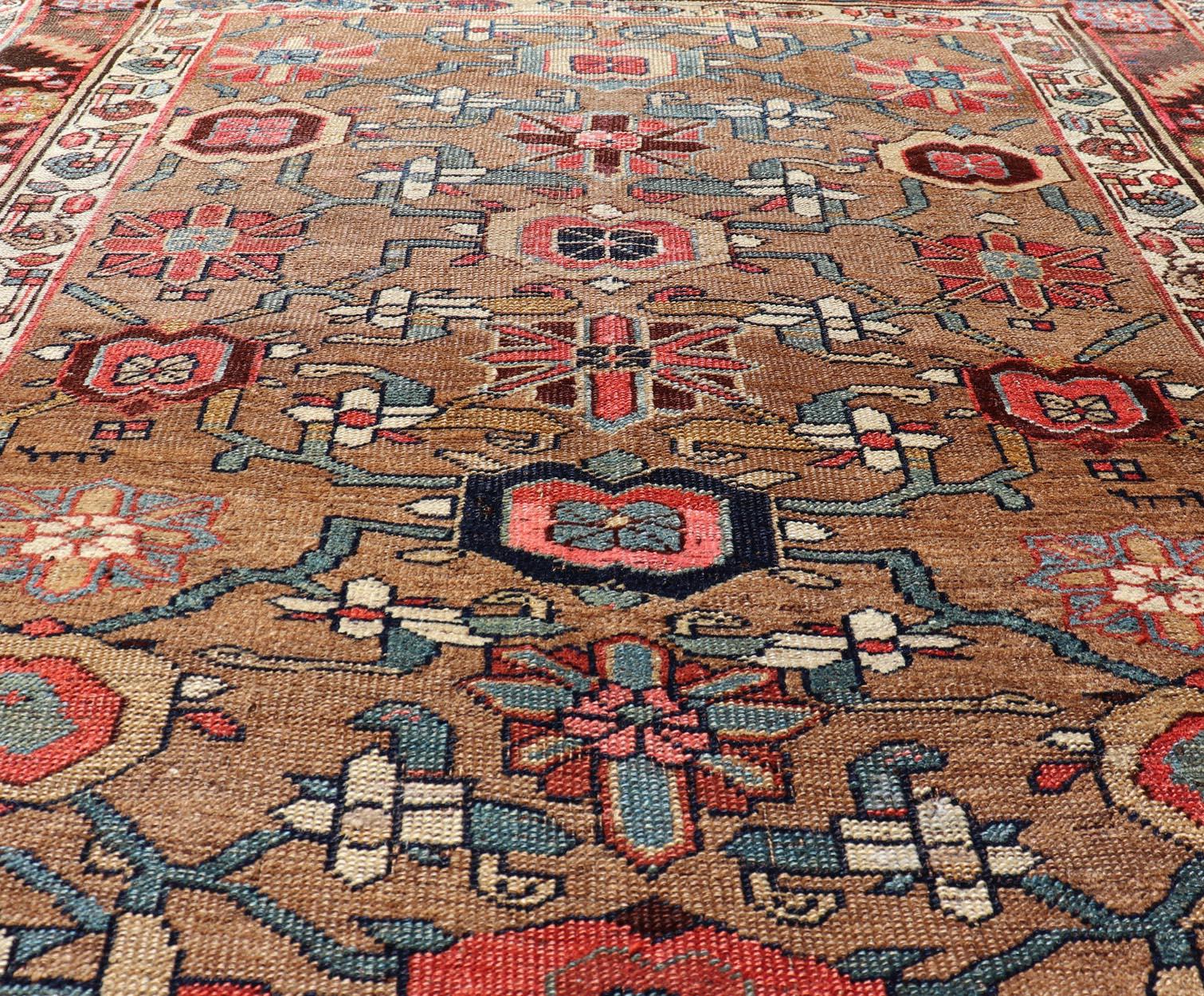 Square Antique Persian Bidjar Rug with Floral Motifs in Brown, Tan, & Green For Sale 3