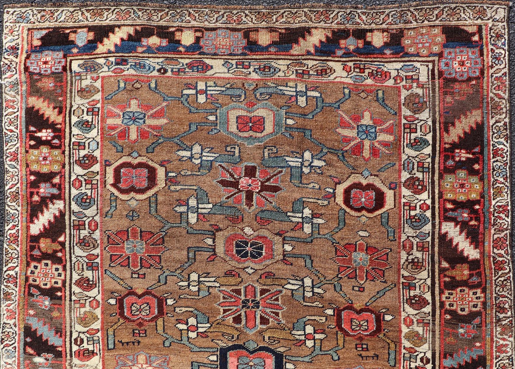 Hand-Knotted Square Antique Persian Bidjar Rug with Floral Motifs in Brown, Tan, & Green For Sale