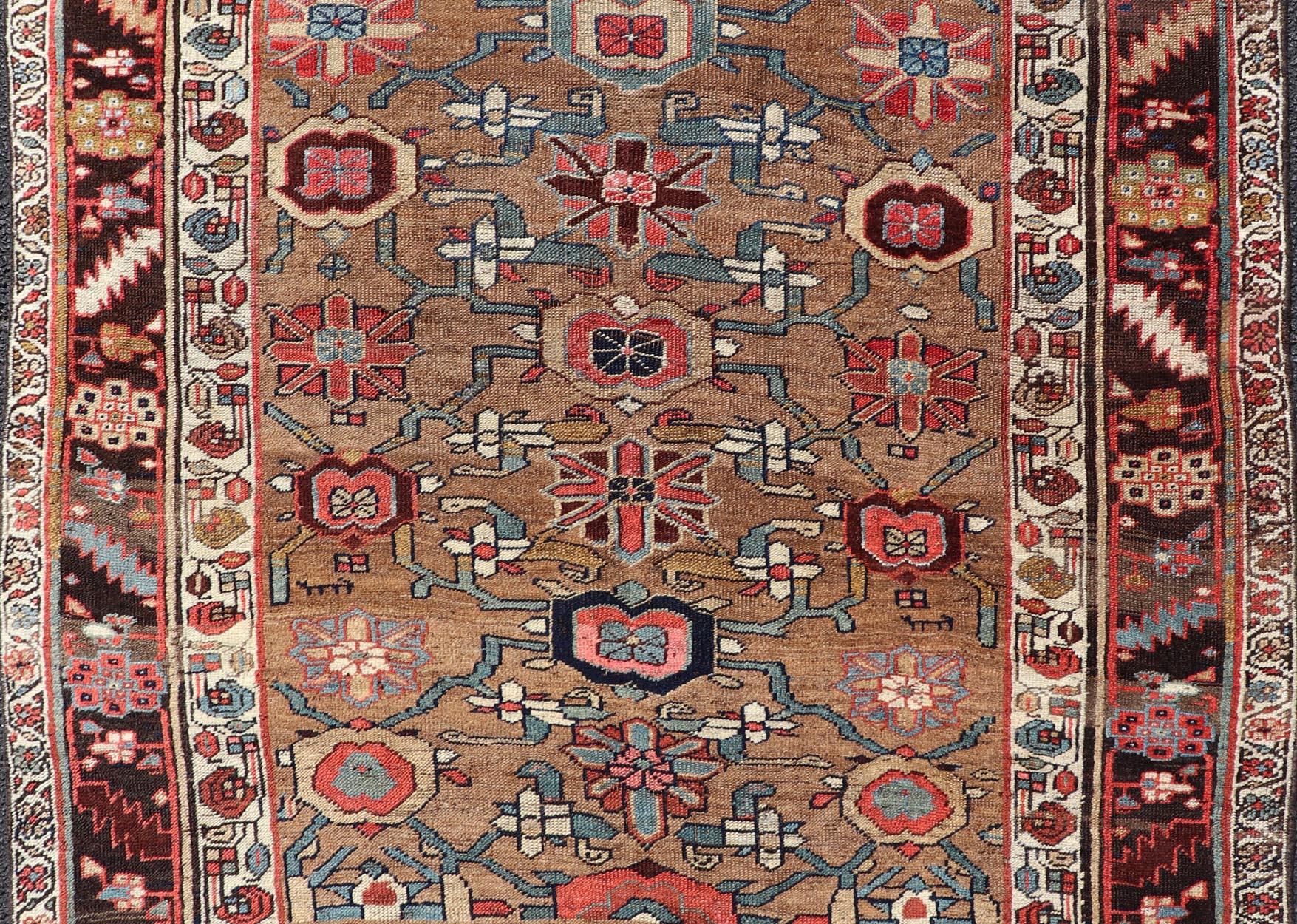 Square Antique Persian Bidjar Rug with Floral Motifs in Brown, Tan, & Green In Good Condition For Sale In Atlanta, GA