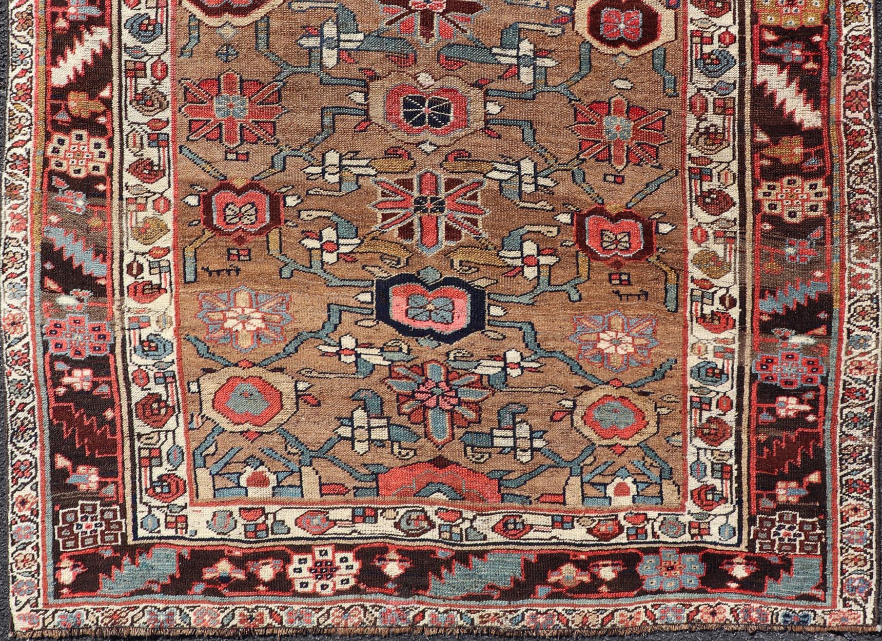 20th Century Square Antique Persian Bidjar Rug with Floral Motifs in Brown, Tan, & Green For Sale