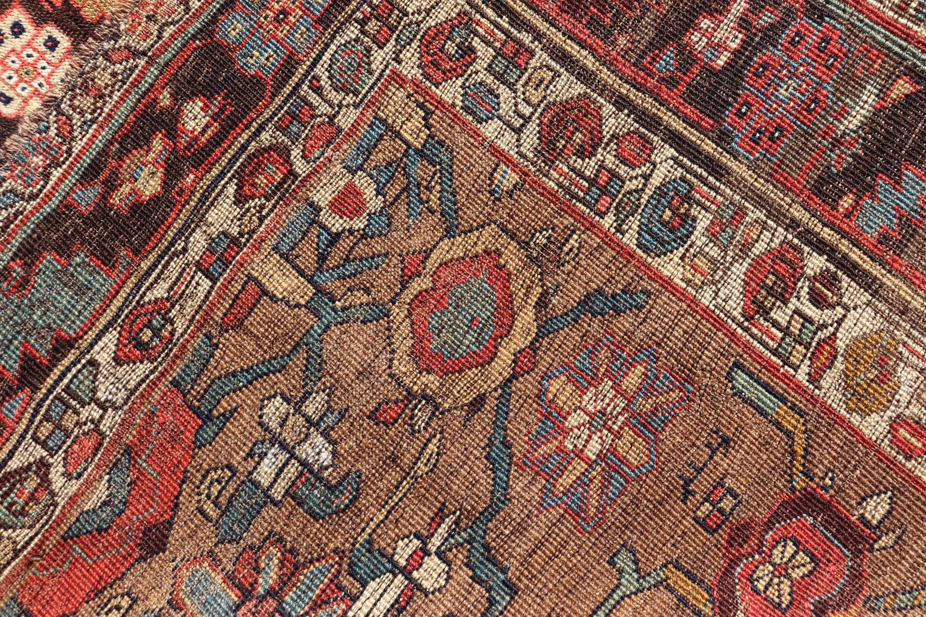 Wool Square Antique Persian Bidjar Rug with Floral Motifs in Brown, Tan, & Green For Sale