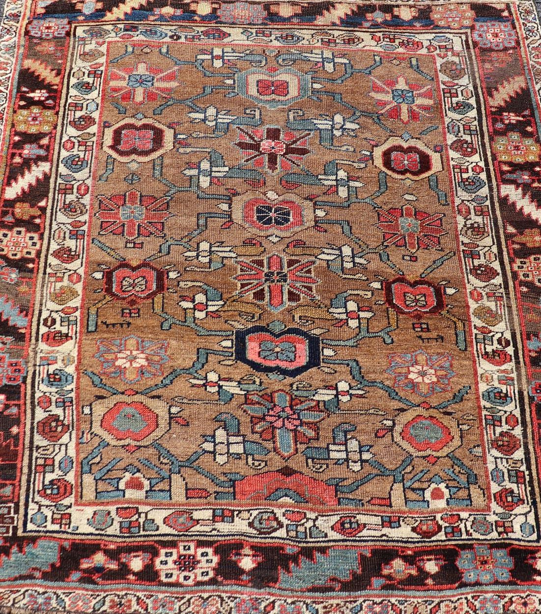 Square Antique Persian Bidjar Rug with Floral Motifs in Brown, Tan, & Green For Sale 2
