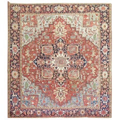 Square Antique Persian Heriz Serapi Red Blue Rug