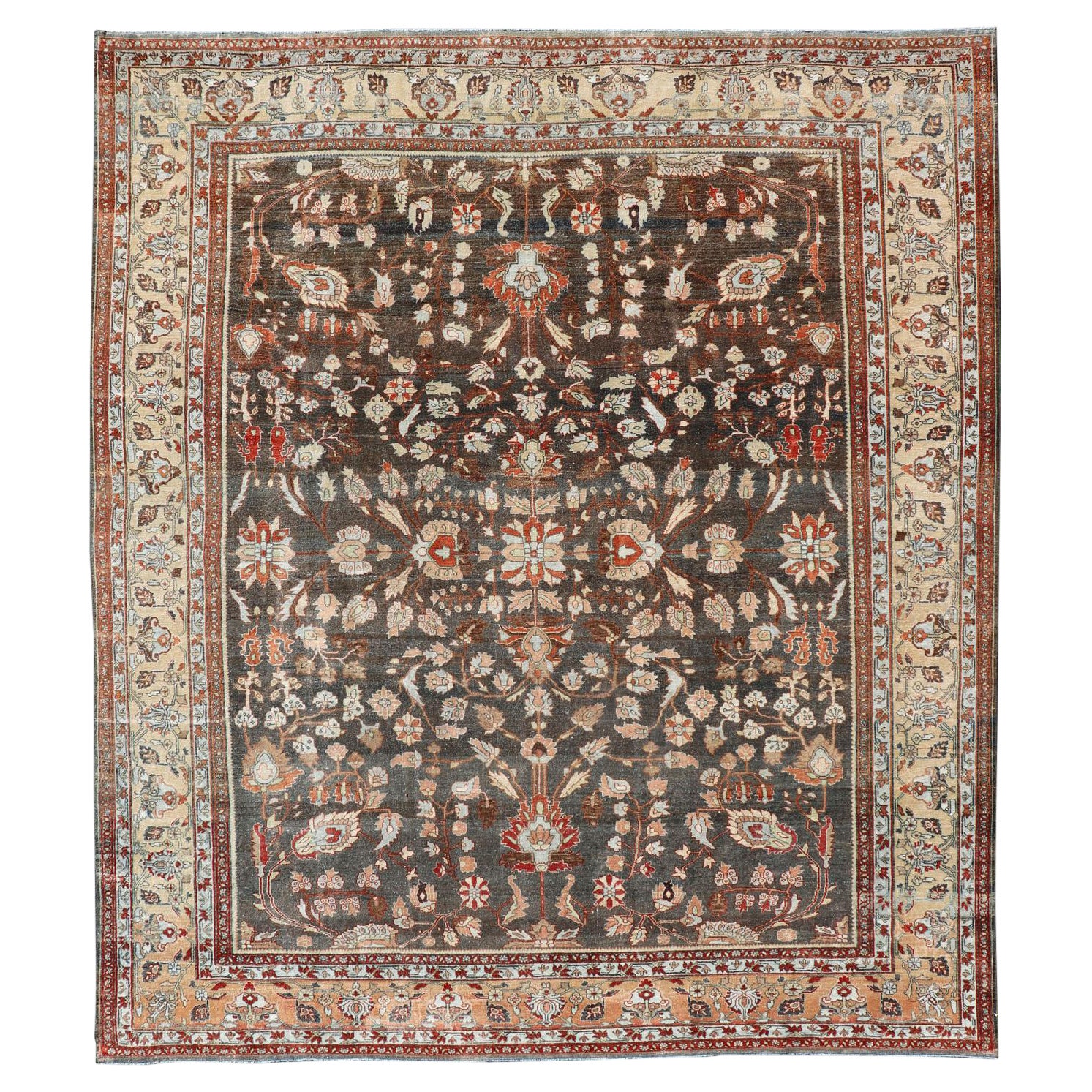 Quadratischer antiker persischer Malayer-Teppich mit braunem Feld und stilisiertem Blumenmuster, quadratisch