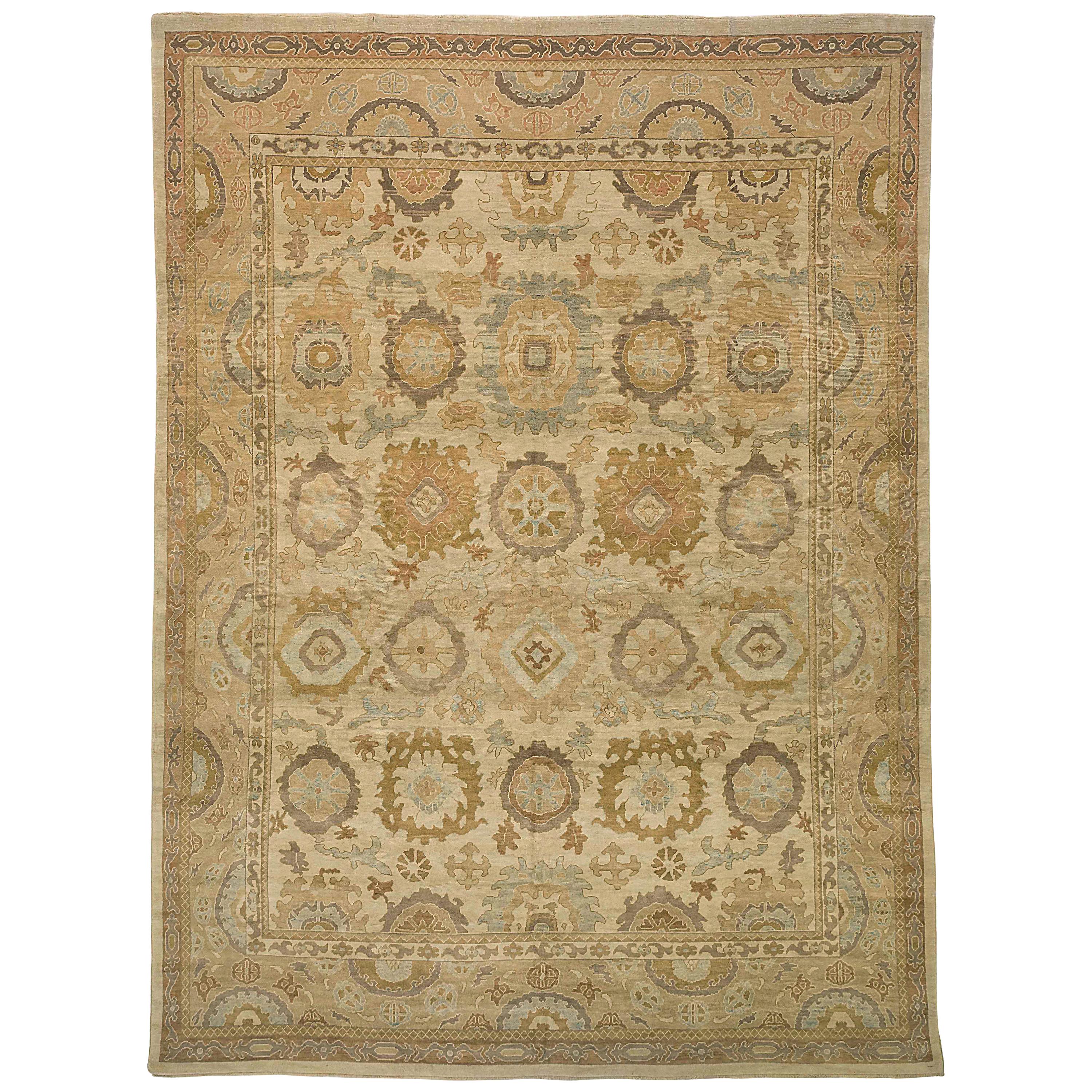 Antique Turkish Oushak Area Rug with Floral Details on Brown Field For Sale