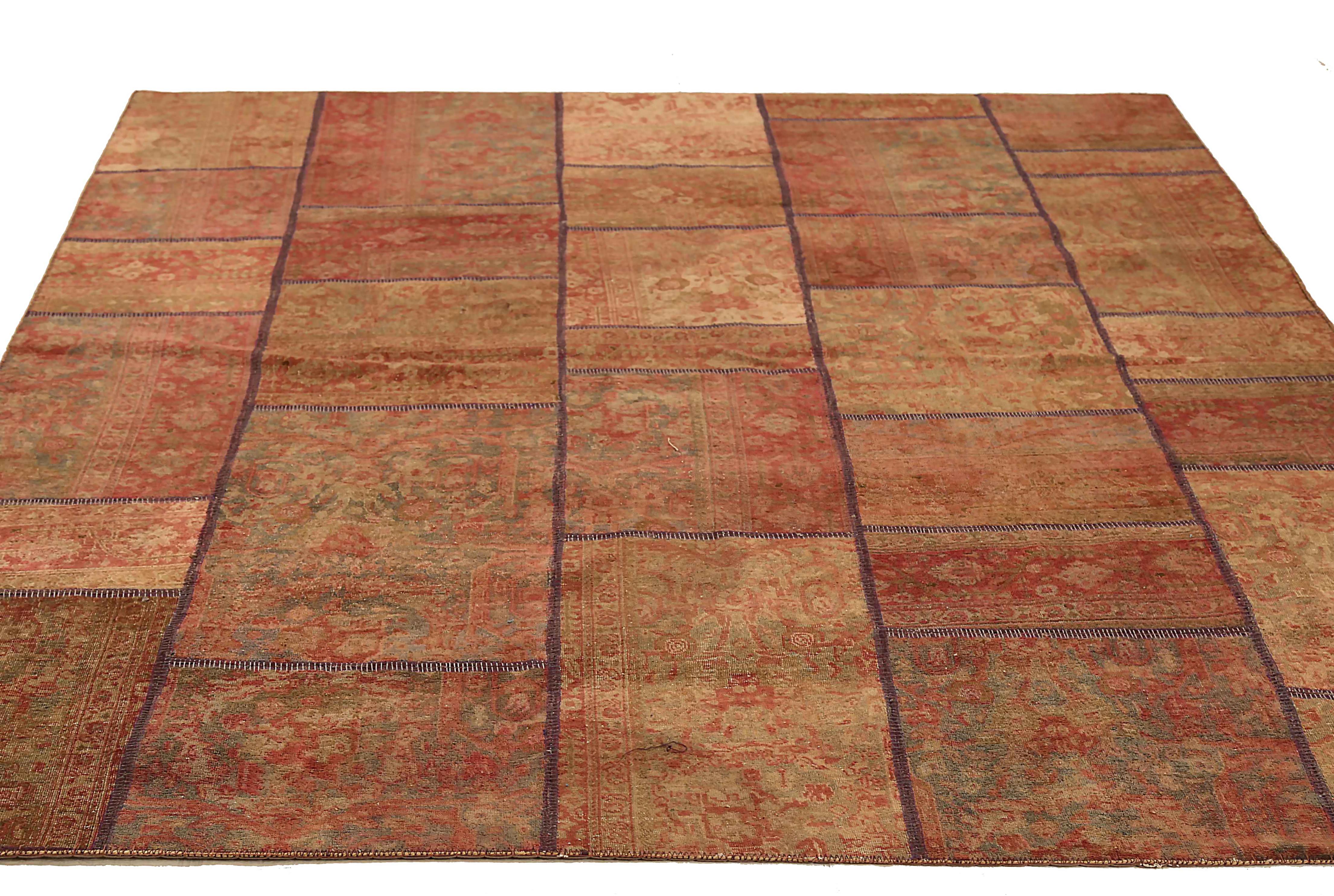 Antique handmade Persian area rug from high quality sheep’s wool and colored with eco-friendly vegetable dyes that are proven safe for humans and pets alike. It’s a Classic Patch Kilim design showcasing a block pattern on a red and brown field with