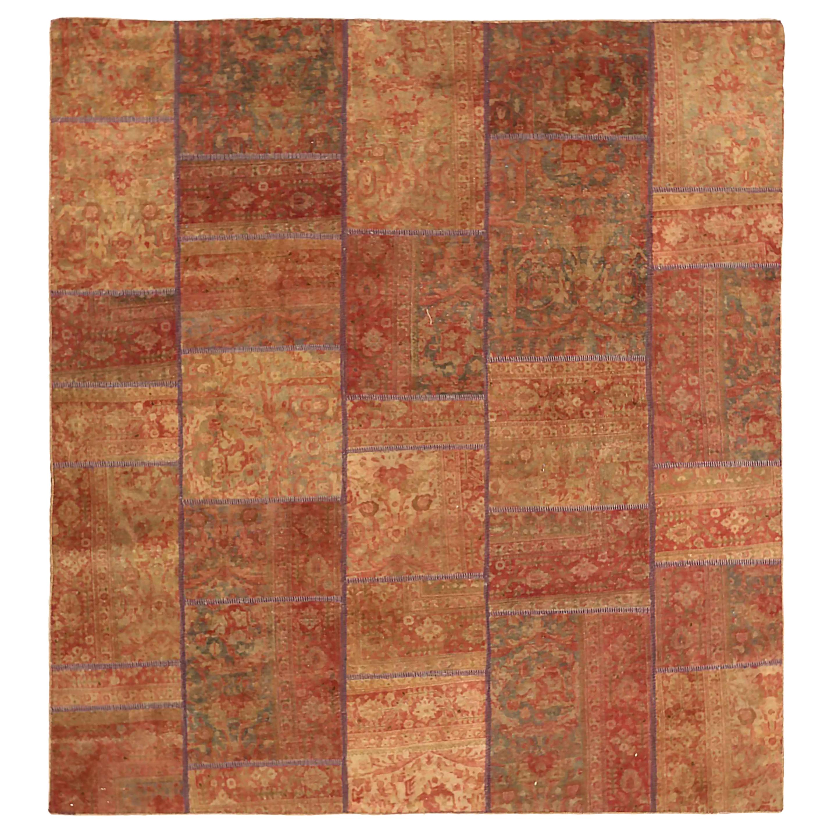 Square Antique Persian Patch Kilim Rug with Floral Details on Red & Orange Field