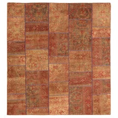 Square Antique Persian Patch Kilim Rug with Floral Details on Red & Orange Field