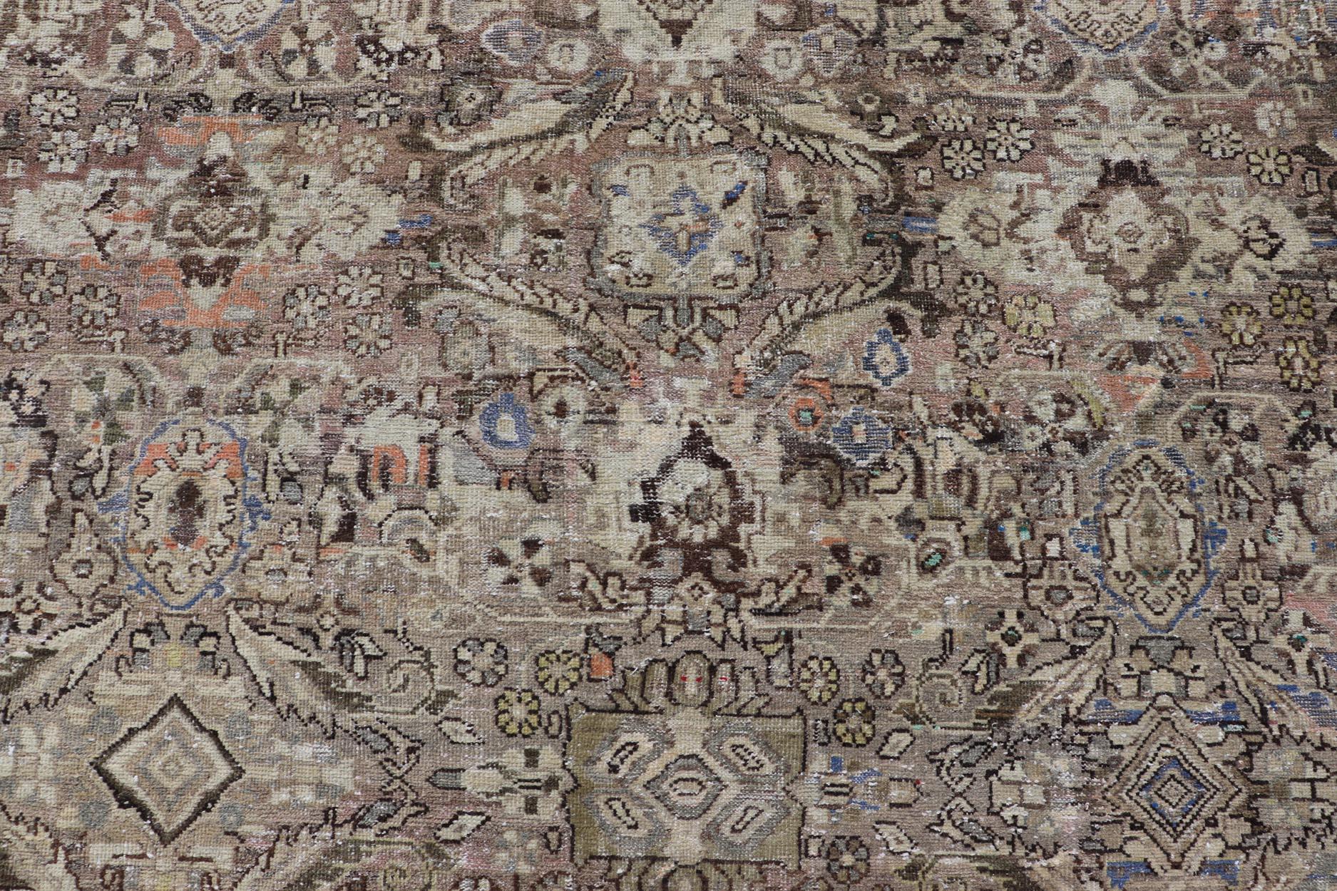 Square Antique Persian Sultanabad-Mahal Rug with All-Over Sub-Geometric Design In Distressed Condition For Sale In Atlanta, GA