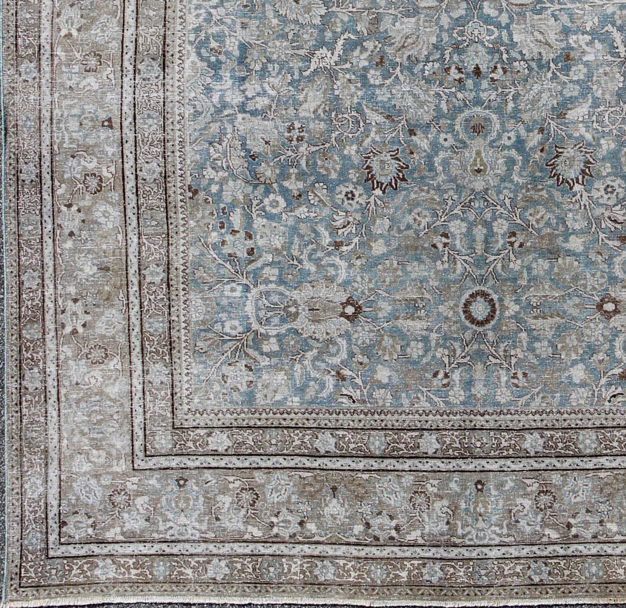 Square antique Persian Tabriz in grey, blue and brown with floral design, rug ema-7505, country of origin / type: Iran / Tabriz, circa 1910

This antique Persian Tabriz carpet (circa 1910) features a refined palate of grey, blue, and brown tones