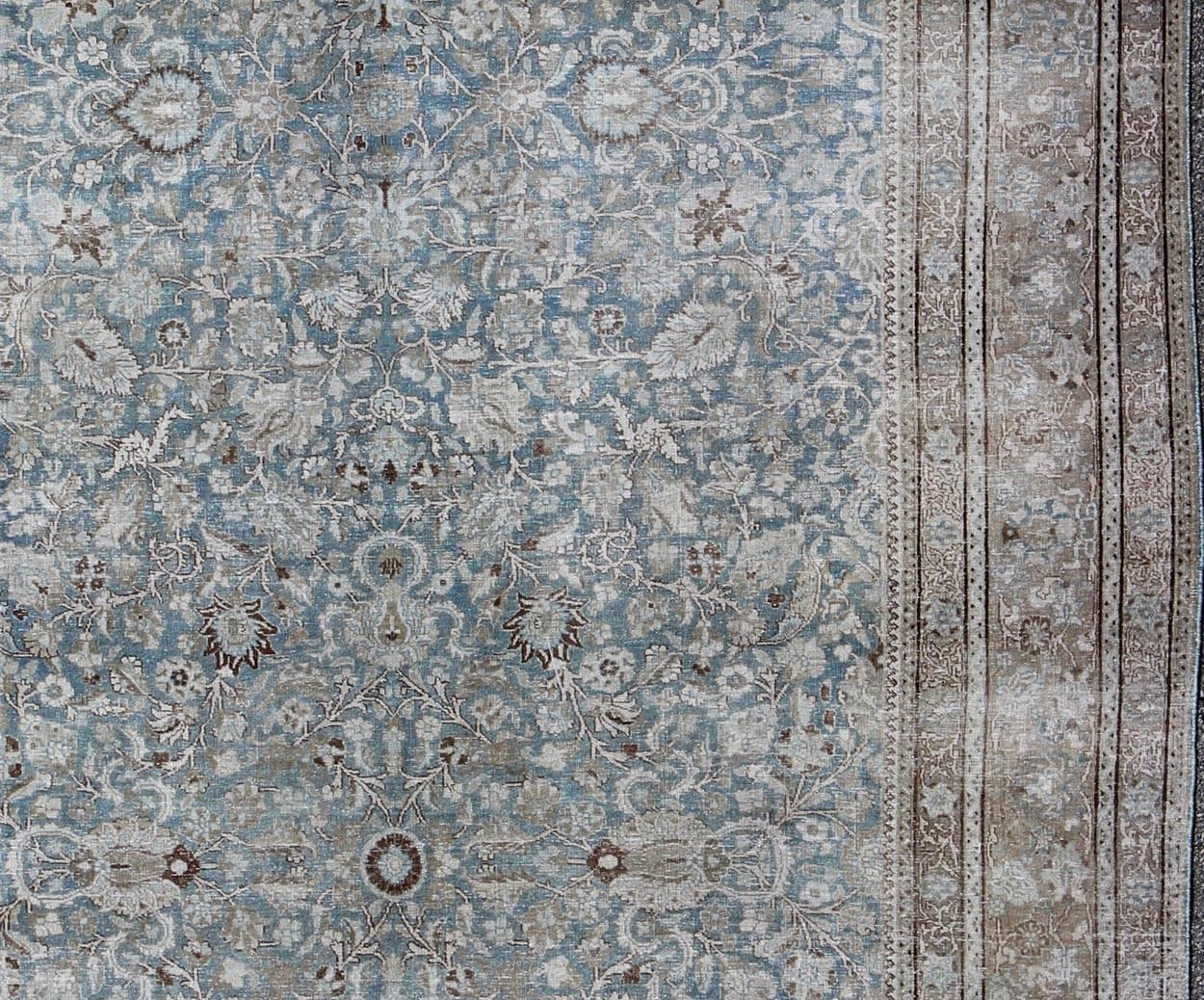Hand-Knotted Square Antique Persian Tabriz in Grey, Blue and Brown with Floral Design