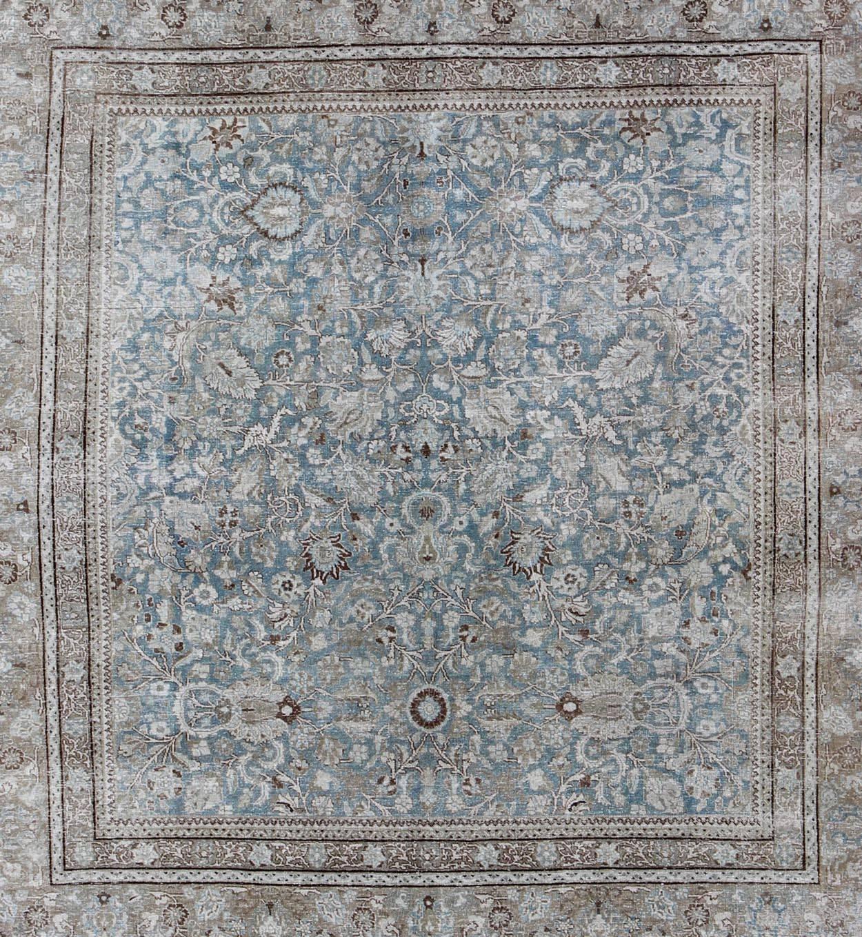 Square Antique Persian Tabriz in Grey, Blue and Brown with Floral Design In Good Condition In Atlanta, GA