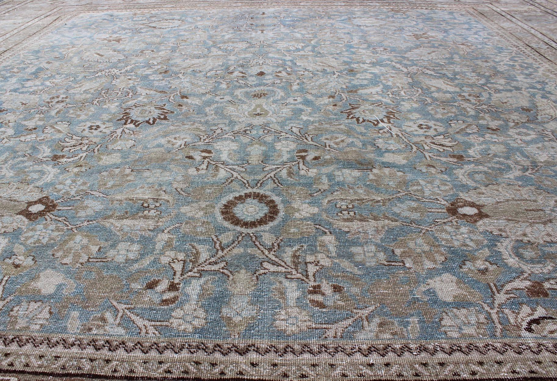 20th Century Square Antique Persian Tabriz in Grey, Blue and Brown with Floral Design