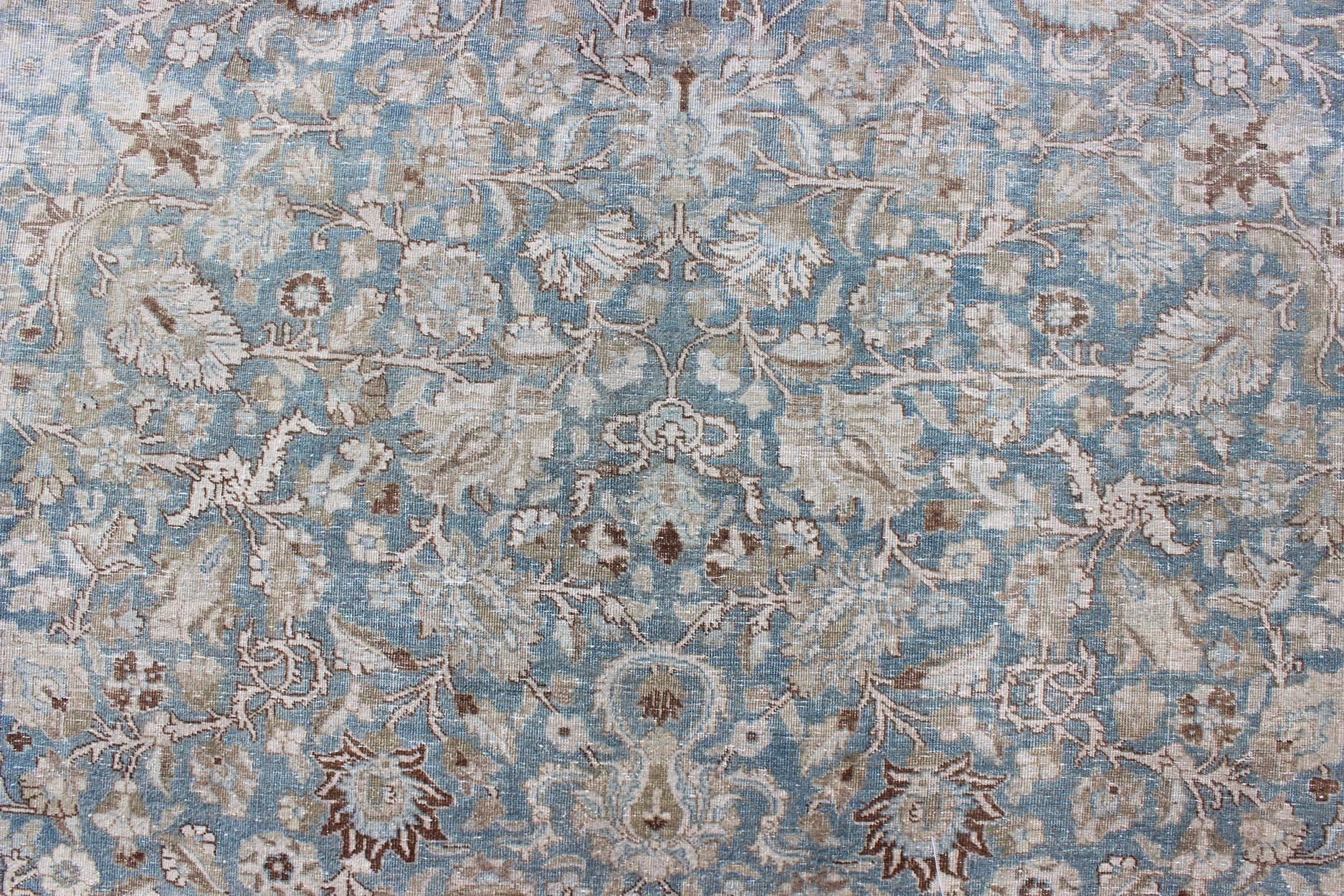 Wool Square Antique Persian Tabriz in Grey, Blue and Brown with Floral Design