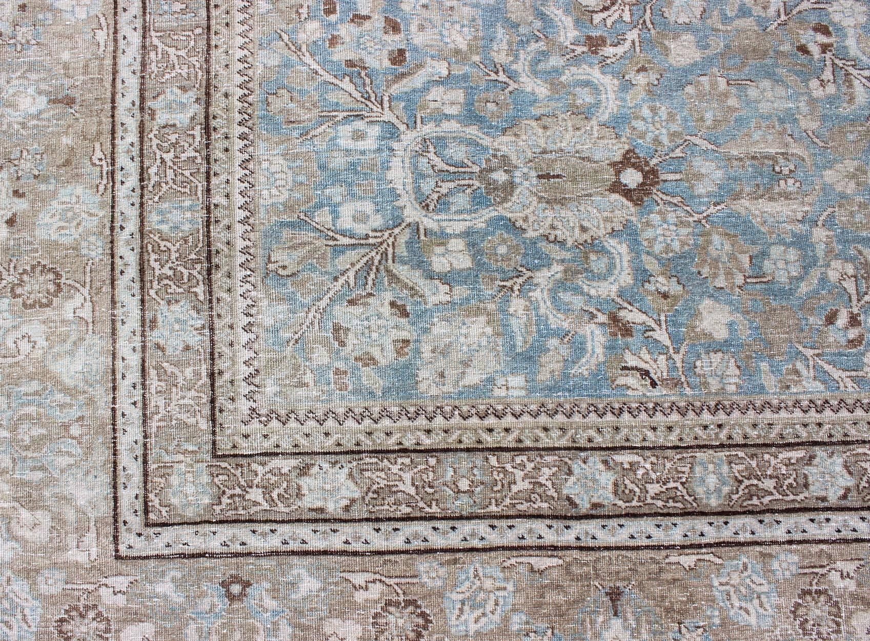 Square Antique Persian Tabriz in Grey, Blue and Brown with Floral Design 1