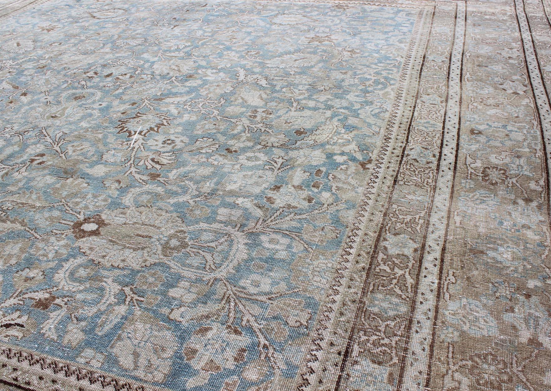 Square Antique Persian Tabriz in Grey, Blue and Brown with Floral Design 2
