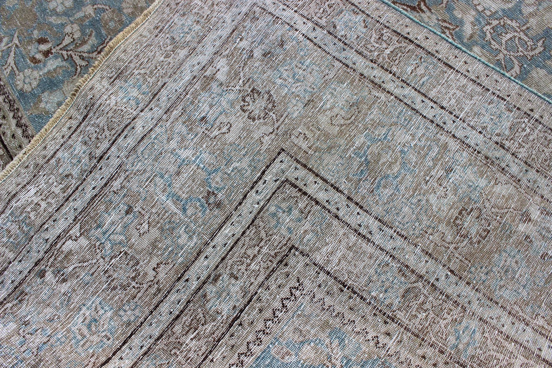 Square Antique Persian Tabriz in Grey, Blue and Brown with Floral Design 3
