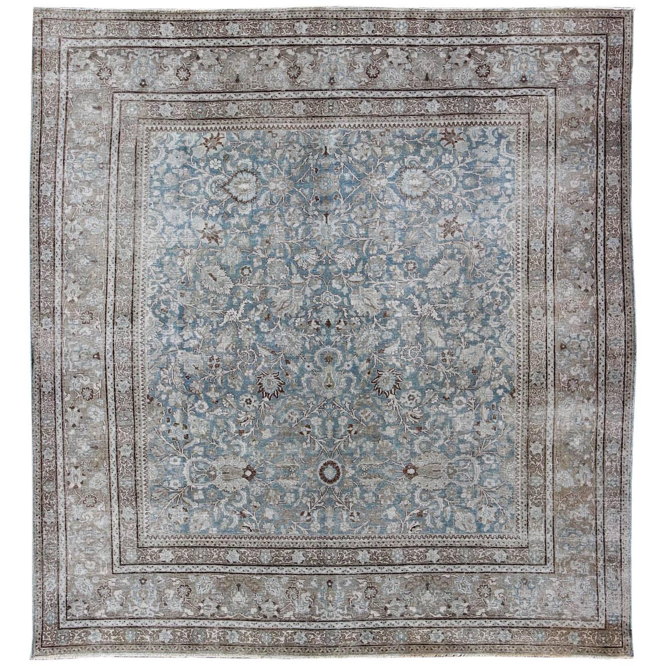 Square Antique Persian Tabriz in Grey, Blue and Brown with Floral Design