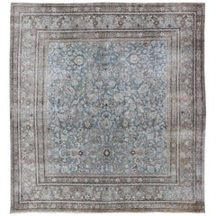 Square Antique Persian Tabriz in Grey, Blue and Brown with Floral Design