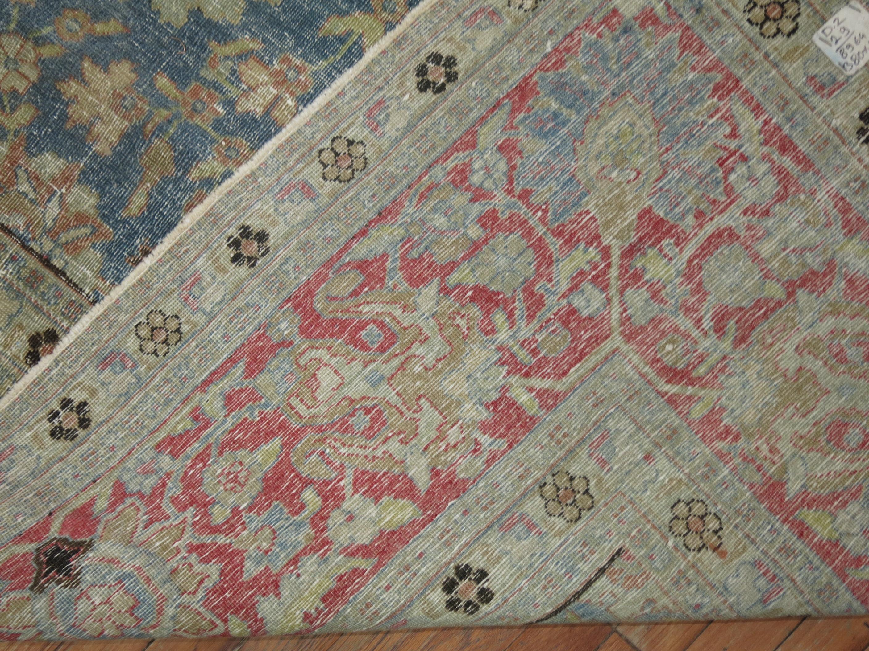 Square Antique Persian Tabriz Rug in Blues and Pink 2