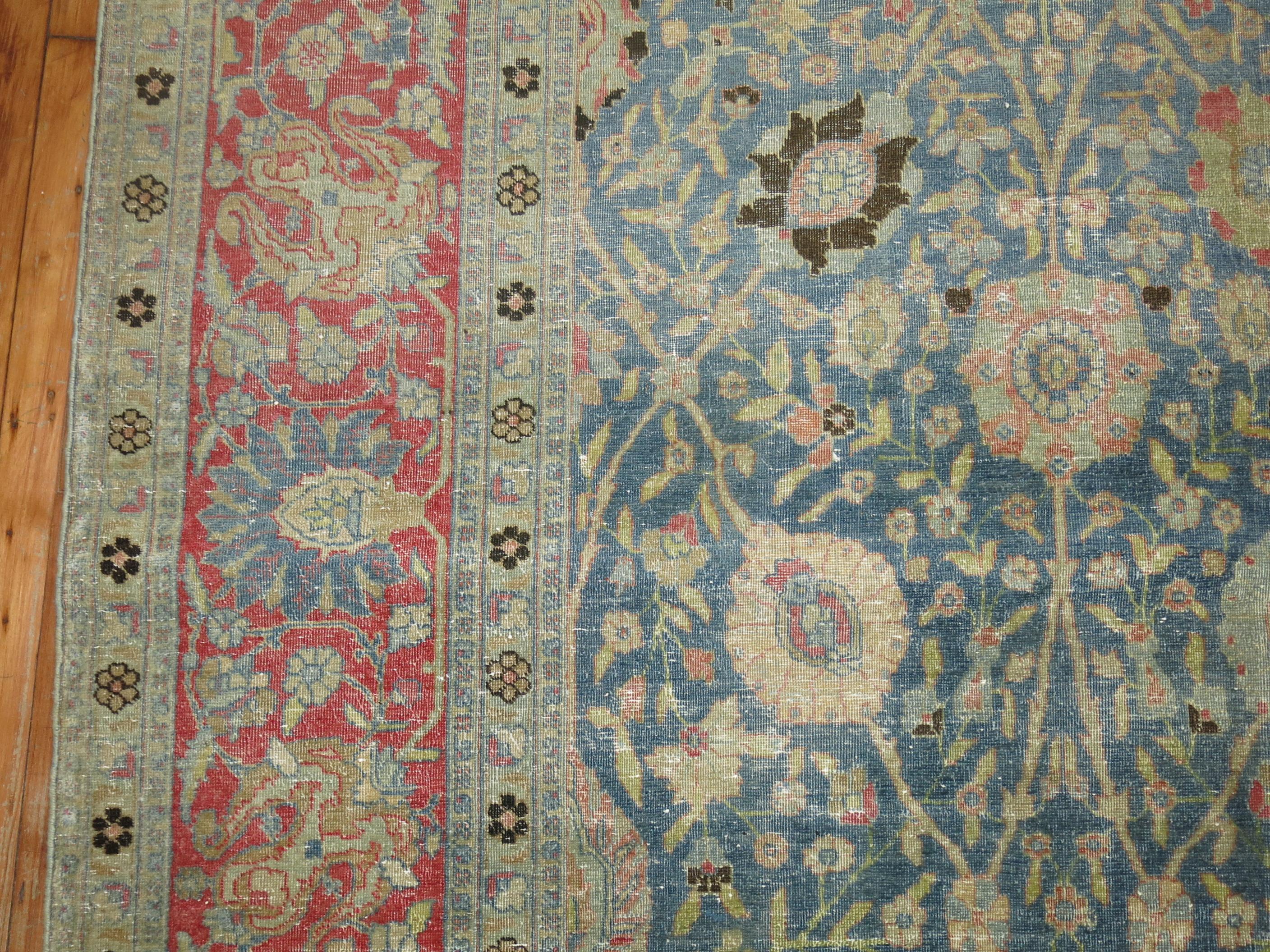Square Antique Persian Tabriz Rug in Blues and Pink 3