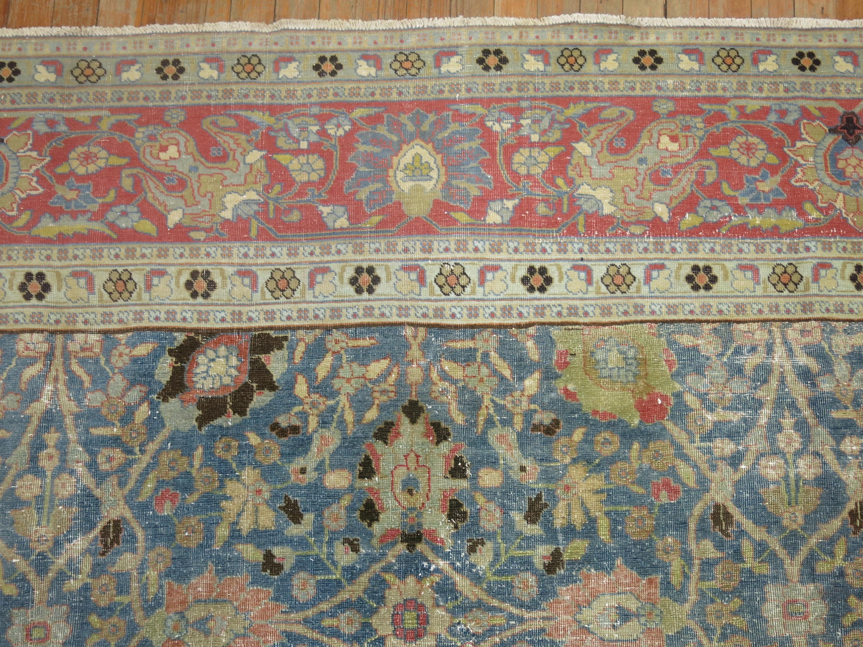Square Antique Persian Tabriz Rug in Blues and Pink 4