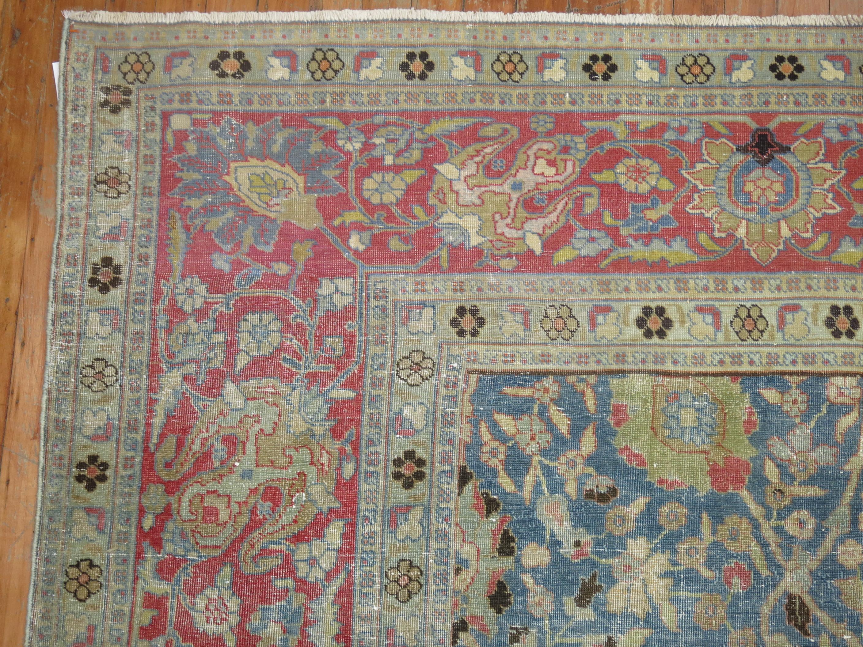 Square Antique Persian Tabriz Rug in Blues and Pink 5