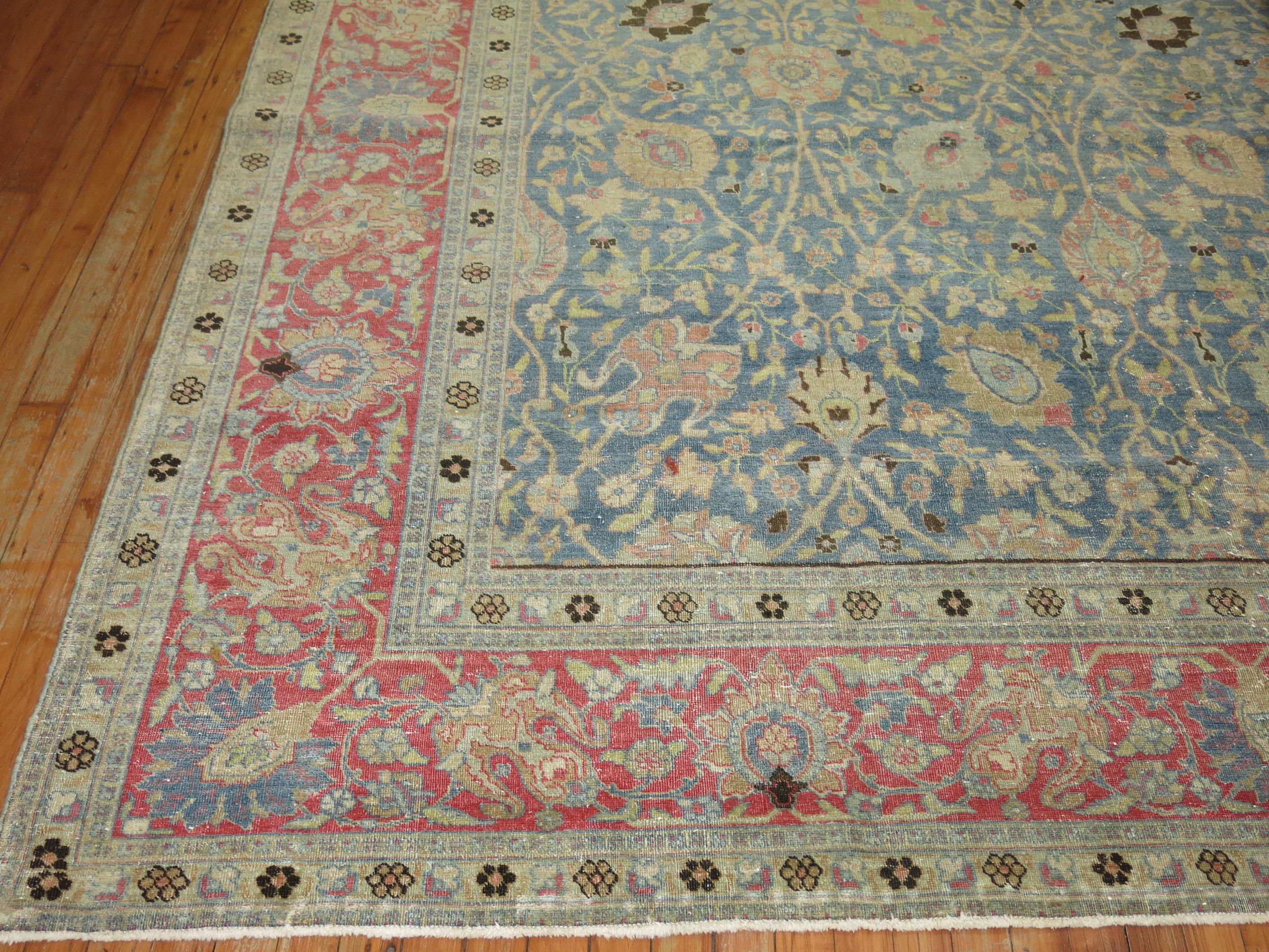 Sultanabad Square Antique Persian Tabriz Rug in Blues and Pink