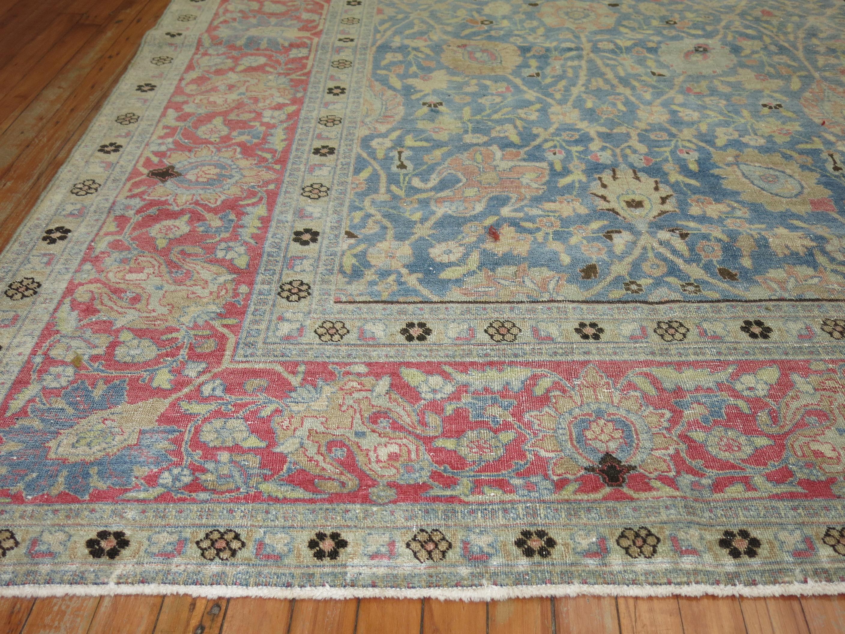 Hand-Woven Square Antique Persian Tabriz Rug in Blues and Pink