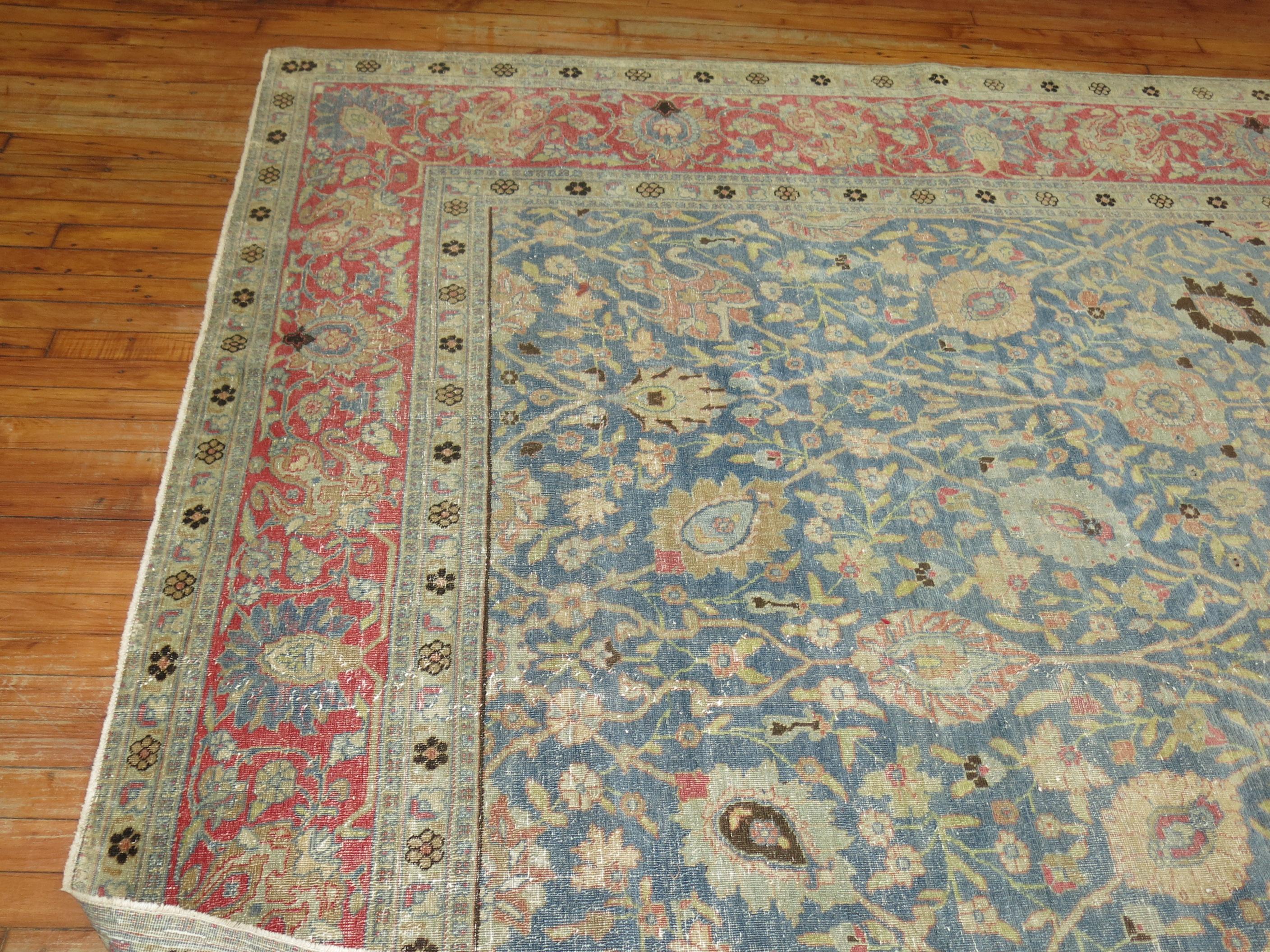 Square Antique Persian Tabriz Rug in Blues and Pink In Excellent Condition In New York, NY