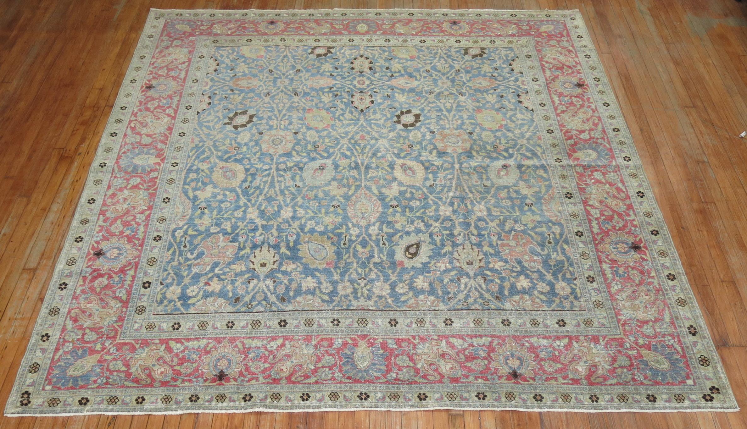 20th Century Square Antique Persian Tabriz Rug in Blues and Pink